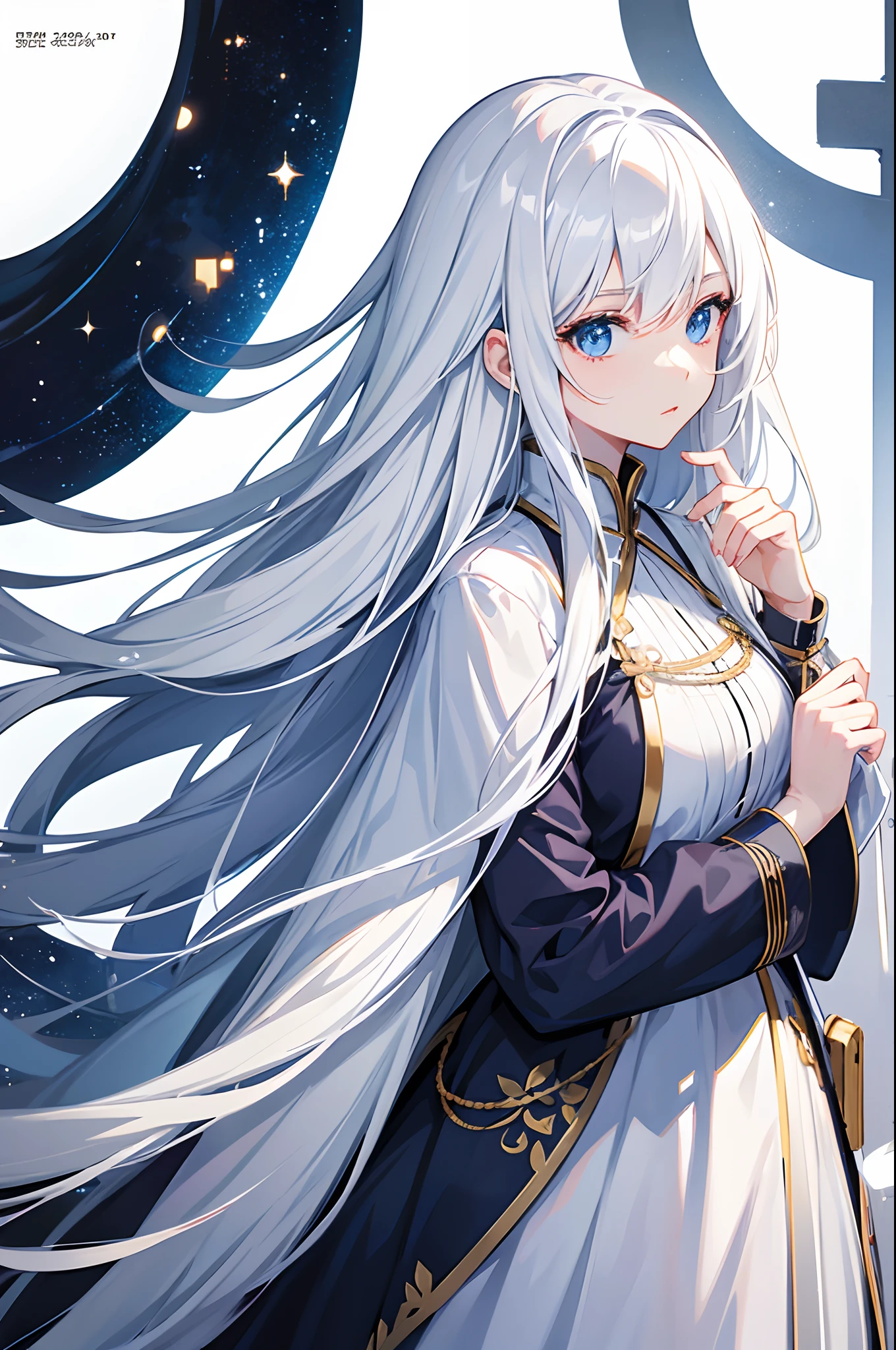 Cover magazine, anime, girl, solo, long hair, white hair, blue eyes, model, beautiful, half body potrait