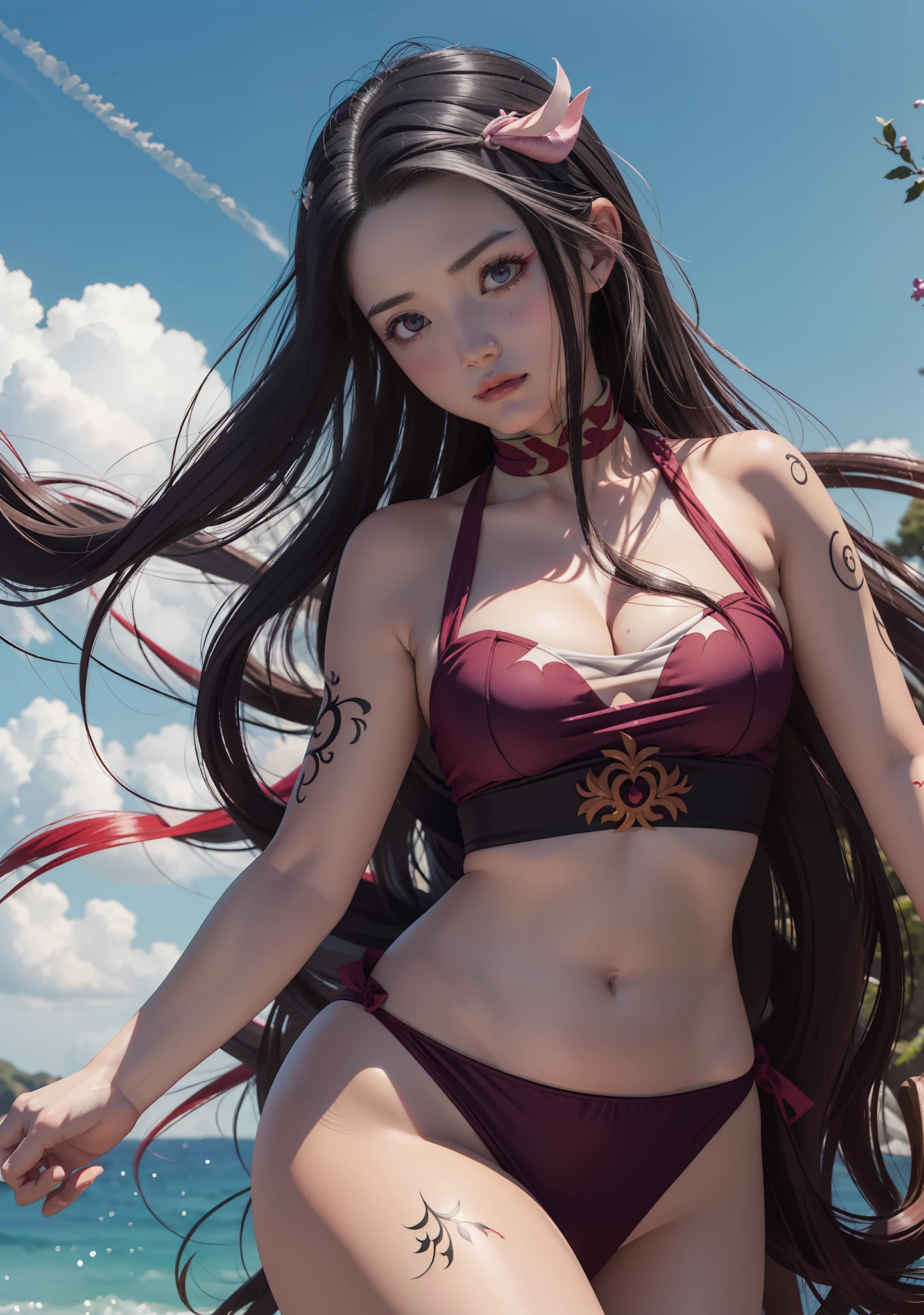 uma mulher com cabelos longos e um top rosa, Nezuko, Nezuko-chan, estilo de arte demon slayer, tatuagem de folha percorre o corpo, personagem de anime feminino, Demon Slayer rui fanart, empunhando kunai, Marin Kitagawa Fanart, arte de anime limpa e detalhada, uma mulher berserker muito bonita, por Kamagurka, corpo perfeito, seios enormes a mostra, mamas saindo da roupa, ((pay attention to the details of Nezuko kamado from demon Slayer)) garota perfeita deusa da beleza,