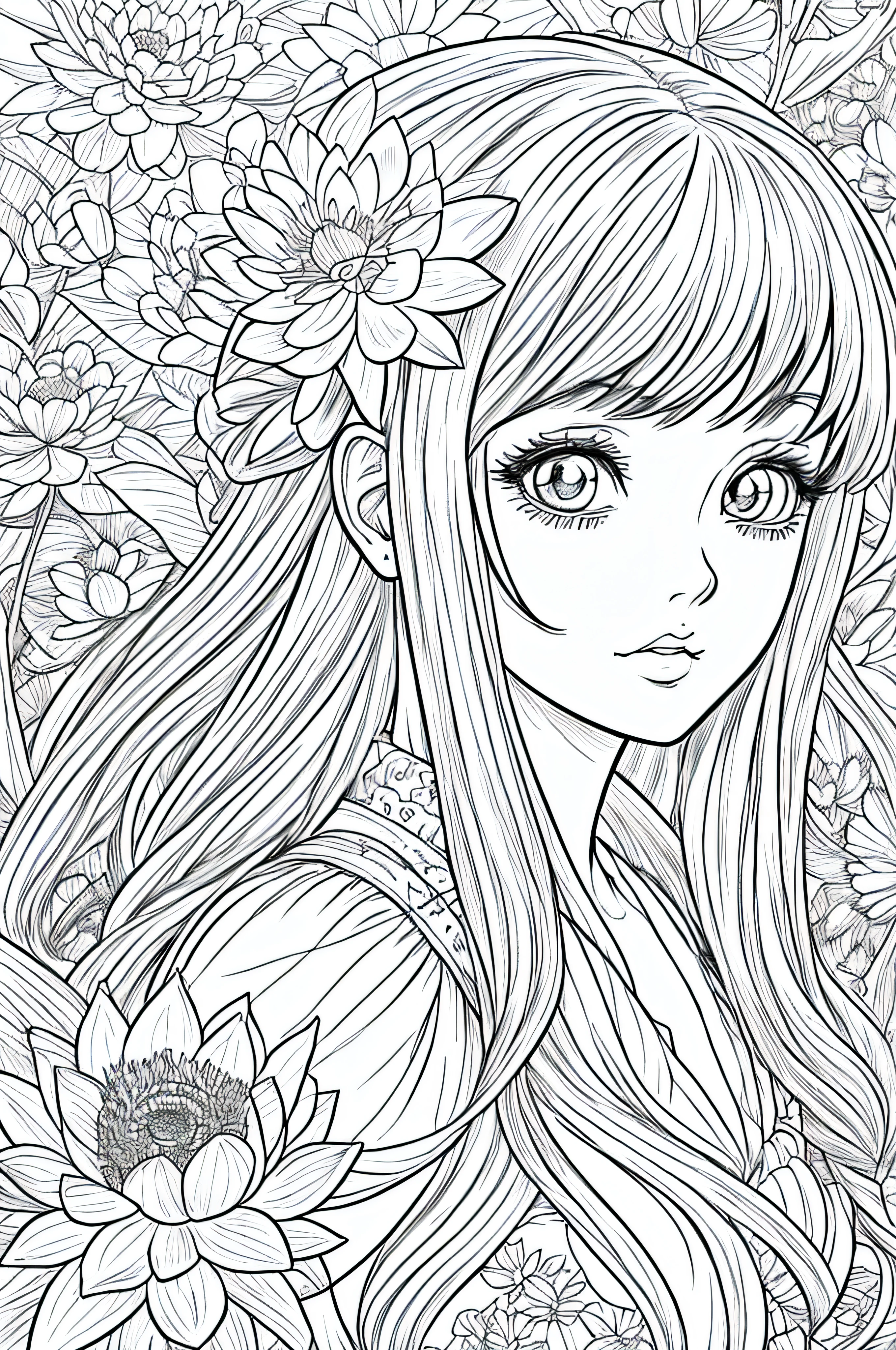 Black and white stick figure girl with lotus flower in background, loli in dress with flowers, its fine ink line art, comic style, portrait of magical Lolita girl, beautiful line art, black and white comic style, manga style, manga art style, pencil and ink caricature drawing, black and white coloring