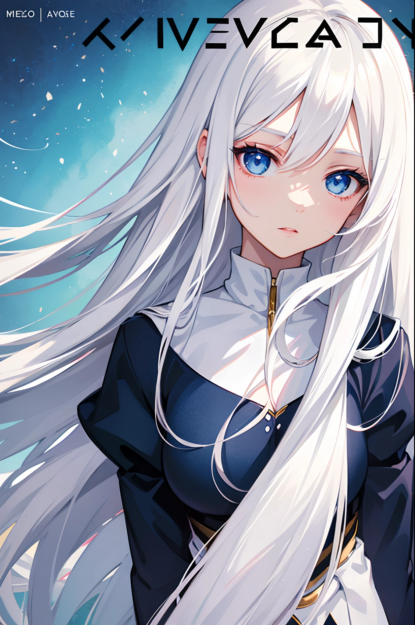 Cover magazine, anime, girl, solo, long hair, white hair, blue eyes, model, beautiful, half body potrait