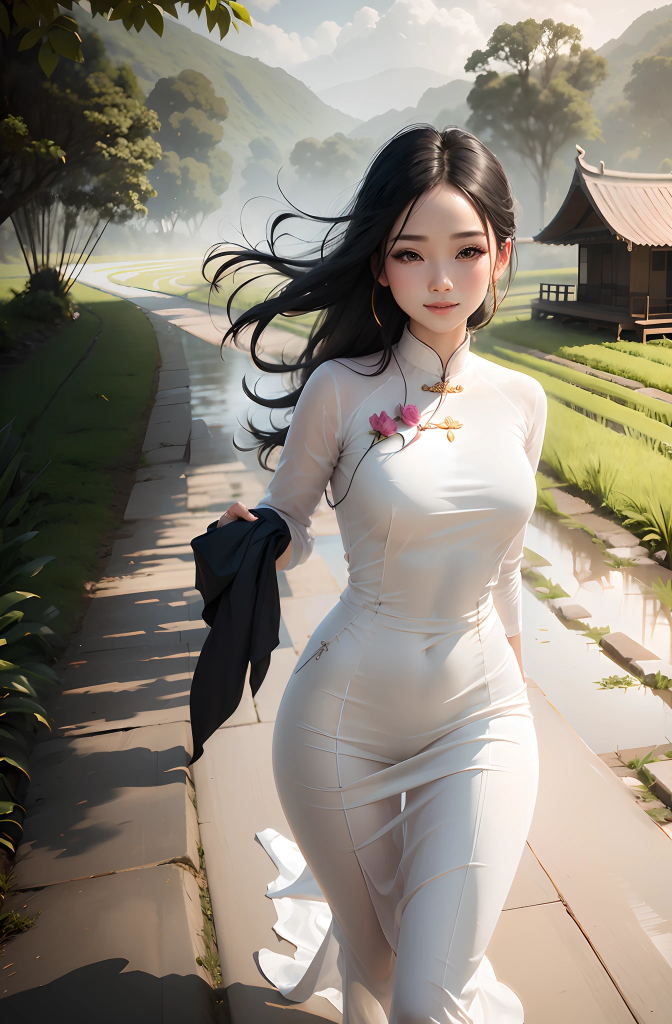 white ao dai, tight, small waist, tiny waist, vietnamese, traditional vietnamese