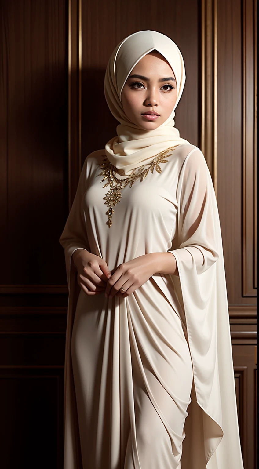 Capture a portrait of the Malay woman in an elegant evening gown and hijab, posing gracefully against a backdrop of soft, diffused lighting, exuding timeless beauty and sophistication