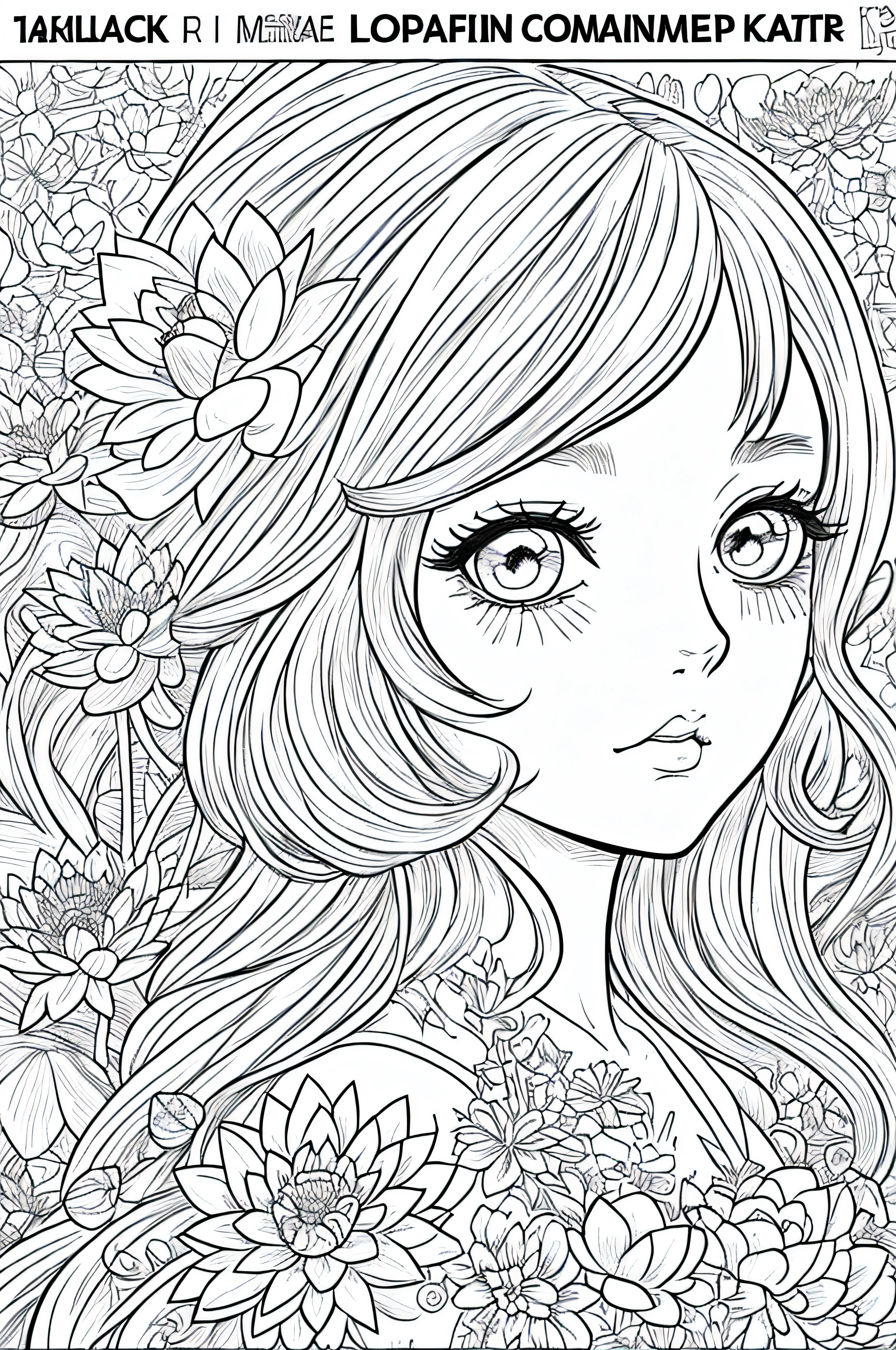 Black and white stick figure girl with lotus flower in background, loli in dress with flowers, its fine ink line art, comic style, portrait of magical Lolita girl, beautiful line art, black and white comic style, manga style, manga art style, pencil and ink caricature drawing, black and white coloring