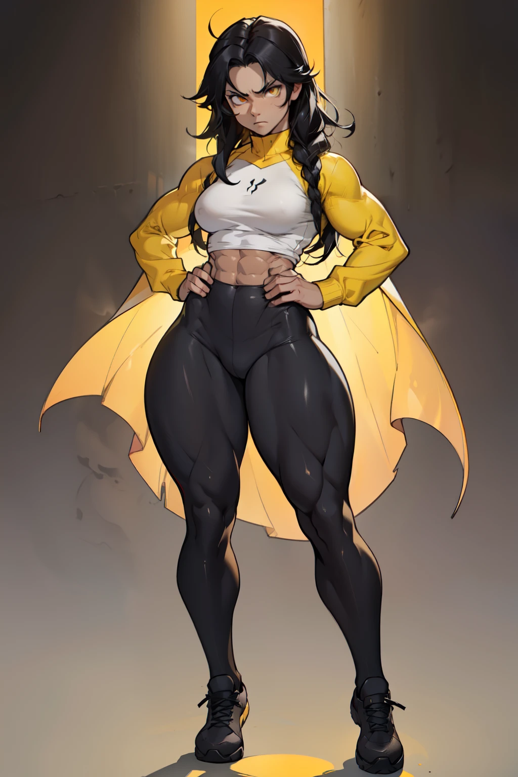 ((very long hair)), ((grey background)), (((((1 girl))))), black hair, yellow eyes, ((((((muscular)))))), tall, pale skin, (full body), bodysuit, (solo), curvy, wide hips, thick thighs, big breasts