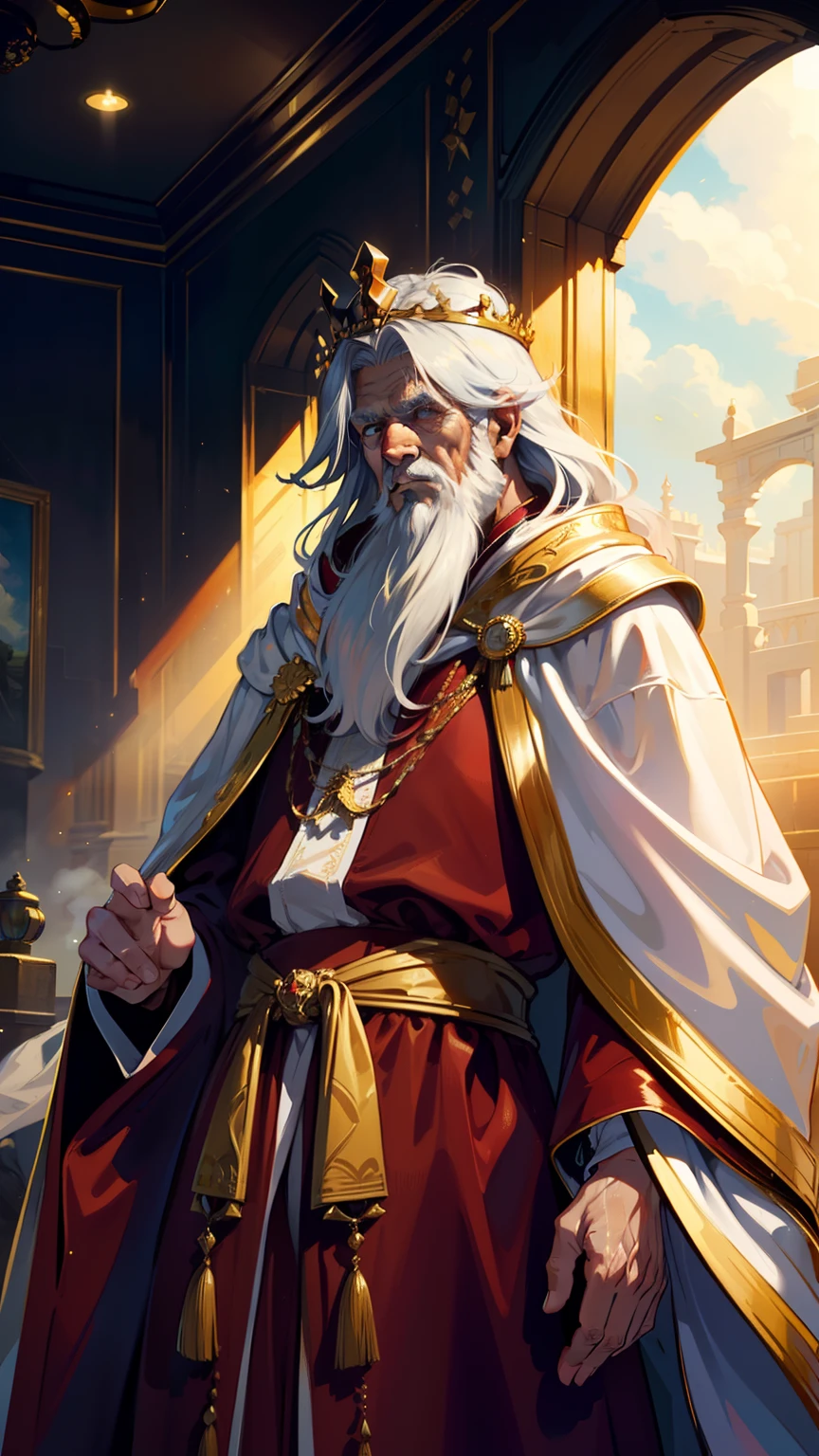 (((((male))))), masterpiece, ultra detailed, 8K Portrait, Raw photo, a portrait photo of, Highly detailed face, ((Fantasy)), (((old man))), (((king))), ((crown)), wears a lot of jewelry, white long wavy hair, strong white beard, (((gold silk long cloak))) Fluttering in the wind, (((Crimson long robe))), by the throne, Midday Sun, Hyper realistic, Strong body, in a larger Audience room, Ambient lighting, Shadow details , Camera focus on face, strong breeze, Light fog