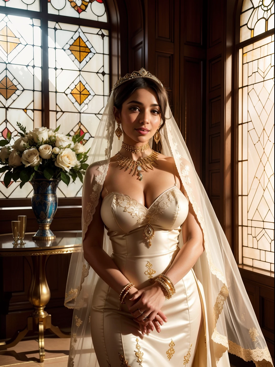 (best quality,4k,8k,highres,masterpiece:1.2),ultra-detailed,(realistic,photorealistic,photo-realistic:1.37),beautiful muslim thicc wife,gorgeous eyes,hourglass figure,vibrant red lipstick,wedding sexy revealing dress,henna-adorned hands,delicately embroidered veil,chandelier earrings,fragrant bouquet of roses,dainty ankle bracelet,sparkling diamond ring,confident and radiant smile,soft golden sunlight streaming through tall stained glass windows,serene garden backdrop,ethereal light illuminating the scene,pastel color palette,subtle glowing halo around the wife,exquisite oriental carpet under her