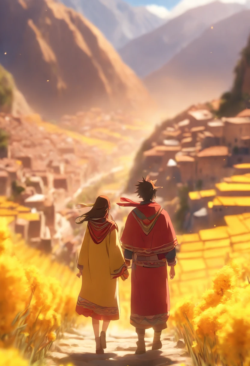 (((Cusco Valley))) best quality, ultra-high resolution, detailed CG in 4K, masterpiece, golden rod, on the ground, golden rod,peruvian andes, turkey,couple in the background,blur couple,one man and a woman in the background aesthetic, beautiful image, centered on the screen