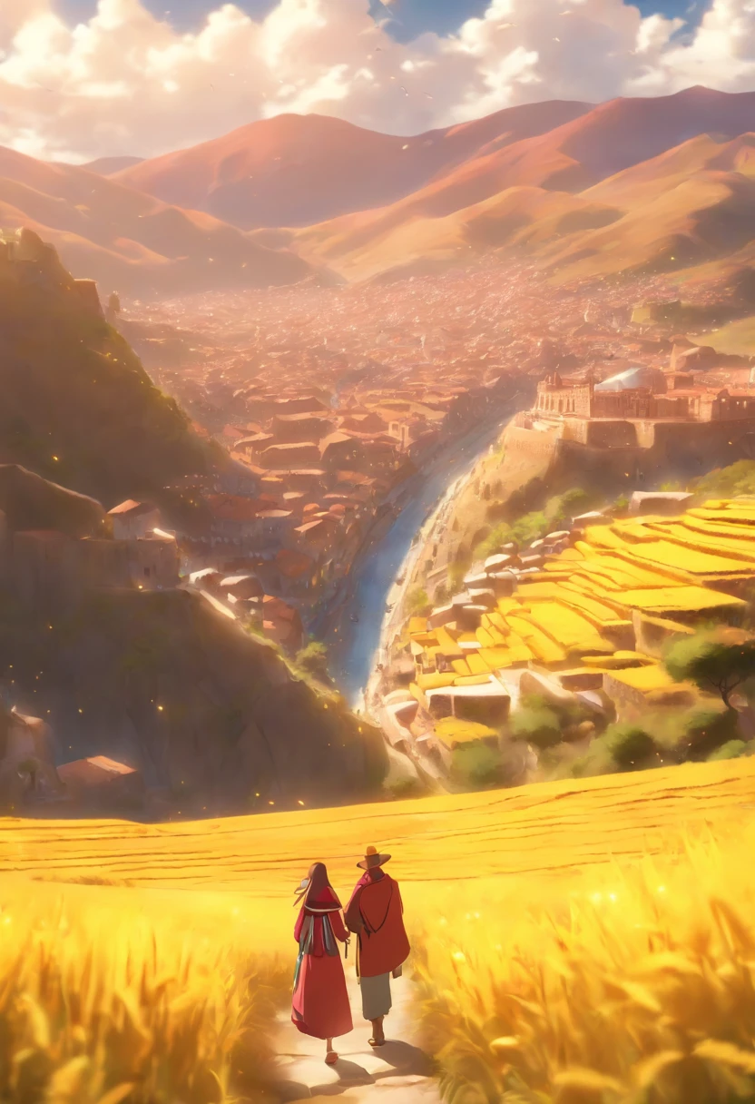 (((Cusco Valley))) best quality, ultra-high resolution, detailed CG in 4K, masterpiece, golden rod, on the ground, golden rod,peruvian andes, turkey,couple in the background,blur couple,one man and a woman in the background aesthetic, beautiful image, centered on the screen