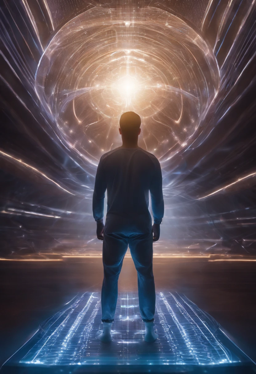 in a futuristic setting, A Vibrational Quantum Extraterrestrial Capsule with Ethereal Sentient Waves and Cybernetic Codes Stands Out, emitting an ethereal glow. An aura of a man is inside the platform receiving energy only aura from that human , Cercado por uma aura de luz vibrante que representa seu campo de energia. Hertz bands dance through the air in complex shapes, while the cybernetic vibratory codes flow like rivers of light around the individual. The chakras are visible as spinning vortices of intense colors, each aligning perfectly with the vibratory frequencies. The holographic platform projects a cinematic hologram of the standing human figure, whose body is composed purely of light and energy. Dust particles float in the environment, vibrating in harmony with the waves of energy that permeate space. Strands of ethereal energy intertwine in the air, connecting to the central figure and radiating to the surrounding environment. A quality astral projection is rendered, allowing the individual to explore their own energy field in profoundly transformative ways. Enquanto isso, The platform functions as a cell regeneration room, offering a large genetic healing room where the fusion of extraterrestrial technology and human bioenergy triggers an innovative healing process. As humans connect with technology, State-of-the-art cybernetic implants integrate seamlessly, further enriching the experience. The surrounding environment is a crystal clear room, which amplifies vibrations and creates an atmosphere of transcendence. It's a mesmerizing vision of how technology and energy can come together to explore and enhance the capabilities of the human body and mind, in tune with the vibratory forces of the universe.