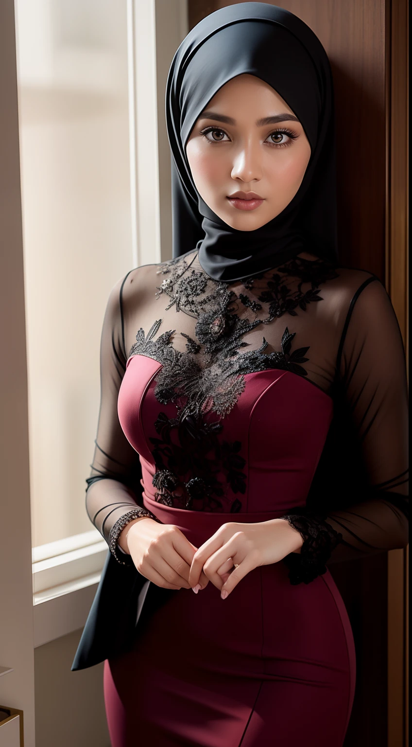 Capture a portrait of the Malay woman in an elegant evening gown and hijab, posing gracefully against a backdrop of soft, diffused lighting, exuding timeless beauty and sophistication