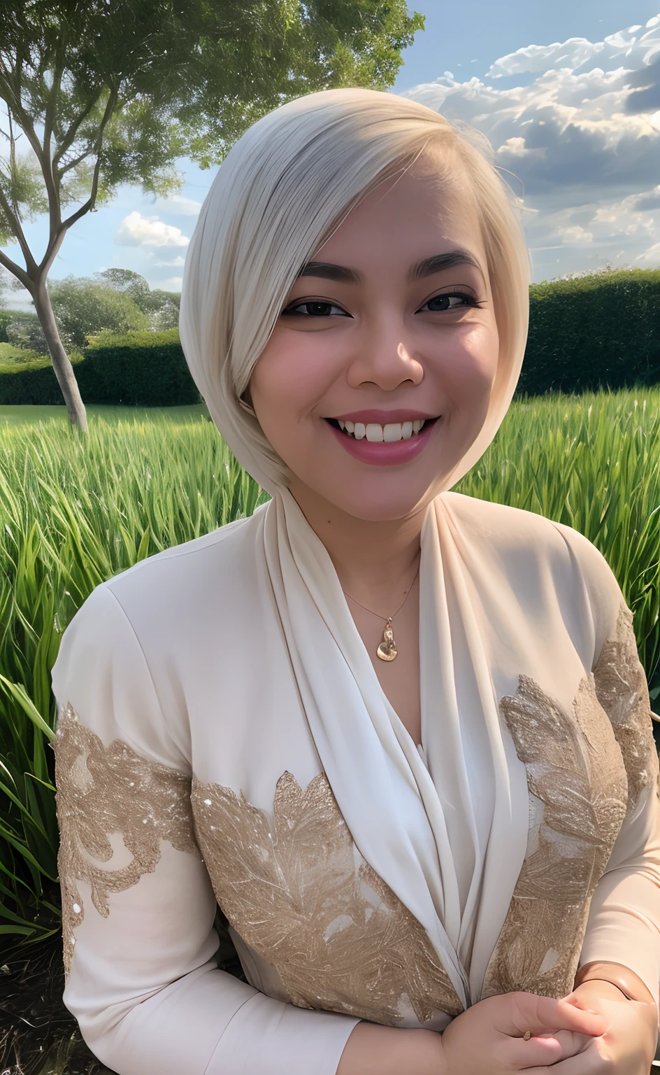 Masterpiece:1.2, high quality, best quality, high resolution, detailed, hyper realistic, 1 malay girl, wear baju kebaya, bright short white hair, Shaggy Bob Haircut with Bangs, brown eyes, head tilt, sunset, birds flying, paddy field with few village, Portrait, smile, showing teeth, (detailed face), ((sharp focus)), ((face)), upper body, mid shot portrait,