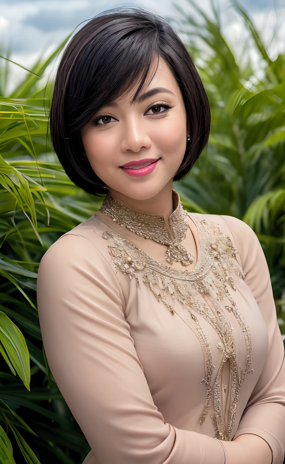 Masterpiece:1.2, high quality, best quality, high resolution, detailed, hyper realistic, 1 malay girl, wear baju kebaya, bright short white hair, Shaggy Bob Haircut with Bangs, brown eyes, head tilt, sunset, birds flying, paddy field with few village, Portrait, smile, showing teeth,  (detailed face), ((sharp focus)), ((face)), upper body, mid shot portrait,