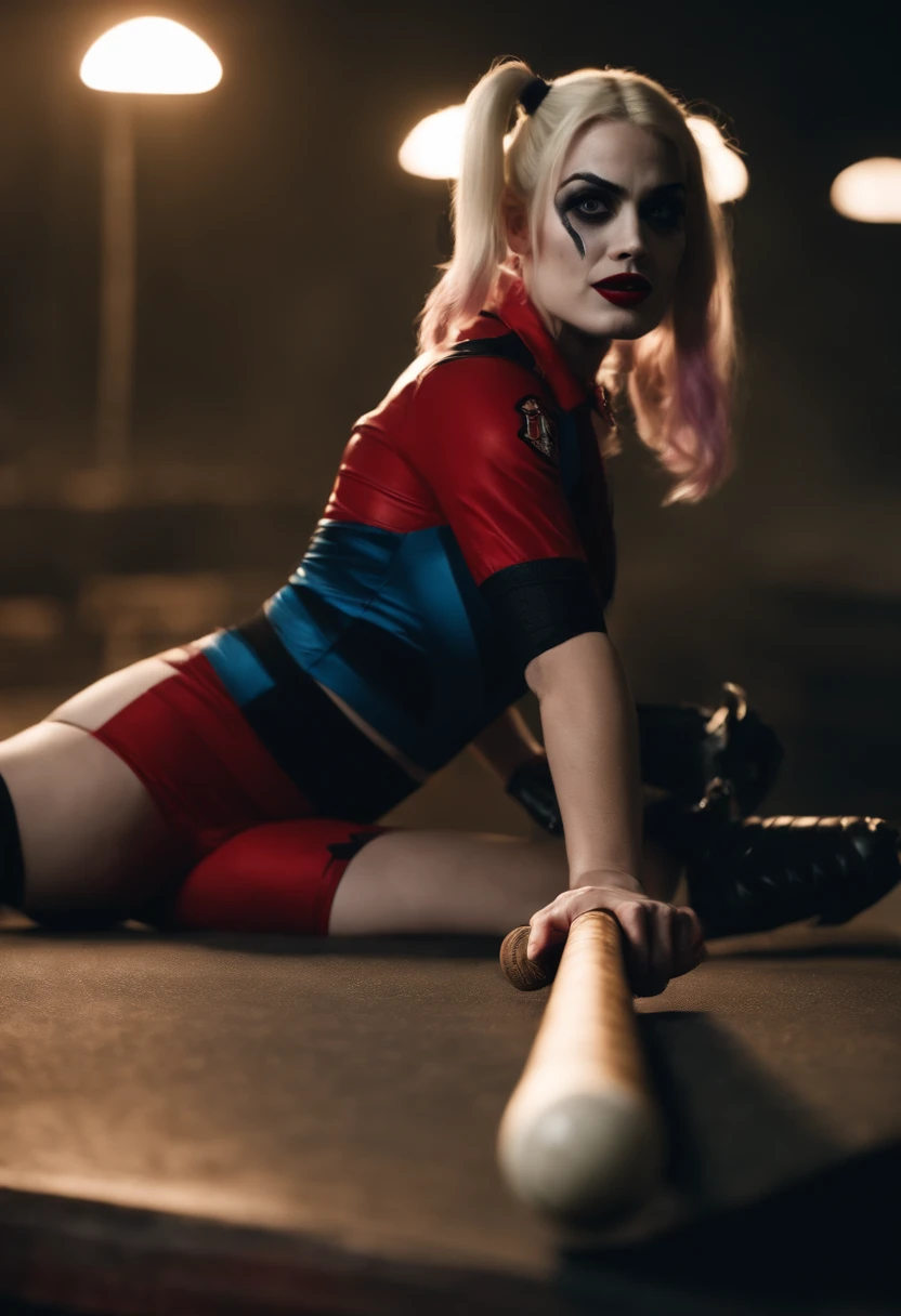 Harley Quinn длинные волосы, standing standing in a short skirt, big ass in a thong, heels. Лицо Margot Robbie.hair down 