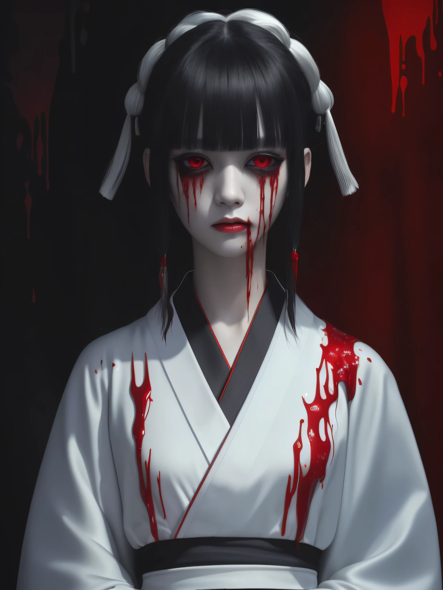 (masterpiece, best quality:1.2), cover image, splashed color background, highly detailed, colorful black, 1 girl, long silver hair, red eyes, short hair, blunt bangs, mannequin, cool face, (((white Kimono))), illustration, horror art, dread, creepy, blood, blood eyes, gore