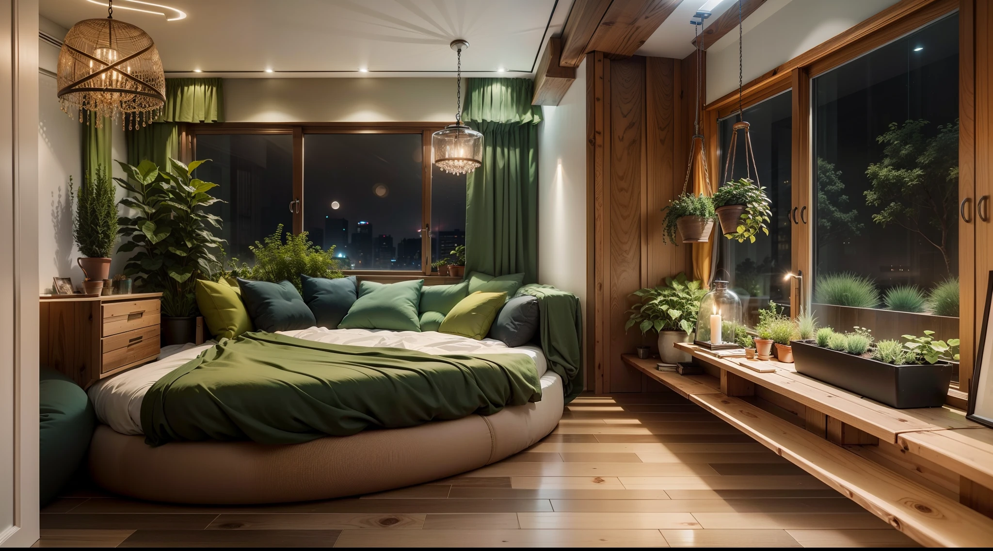 Interior design with high-resolution photos, wood floor, Small window facing the garden, Low ceiling, Dark green amber palette, Interior Design Magazine, cosy atmosphere,atmosphere of night