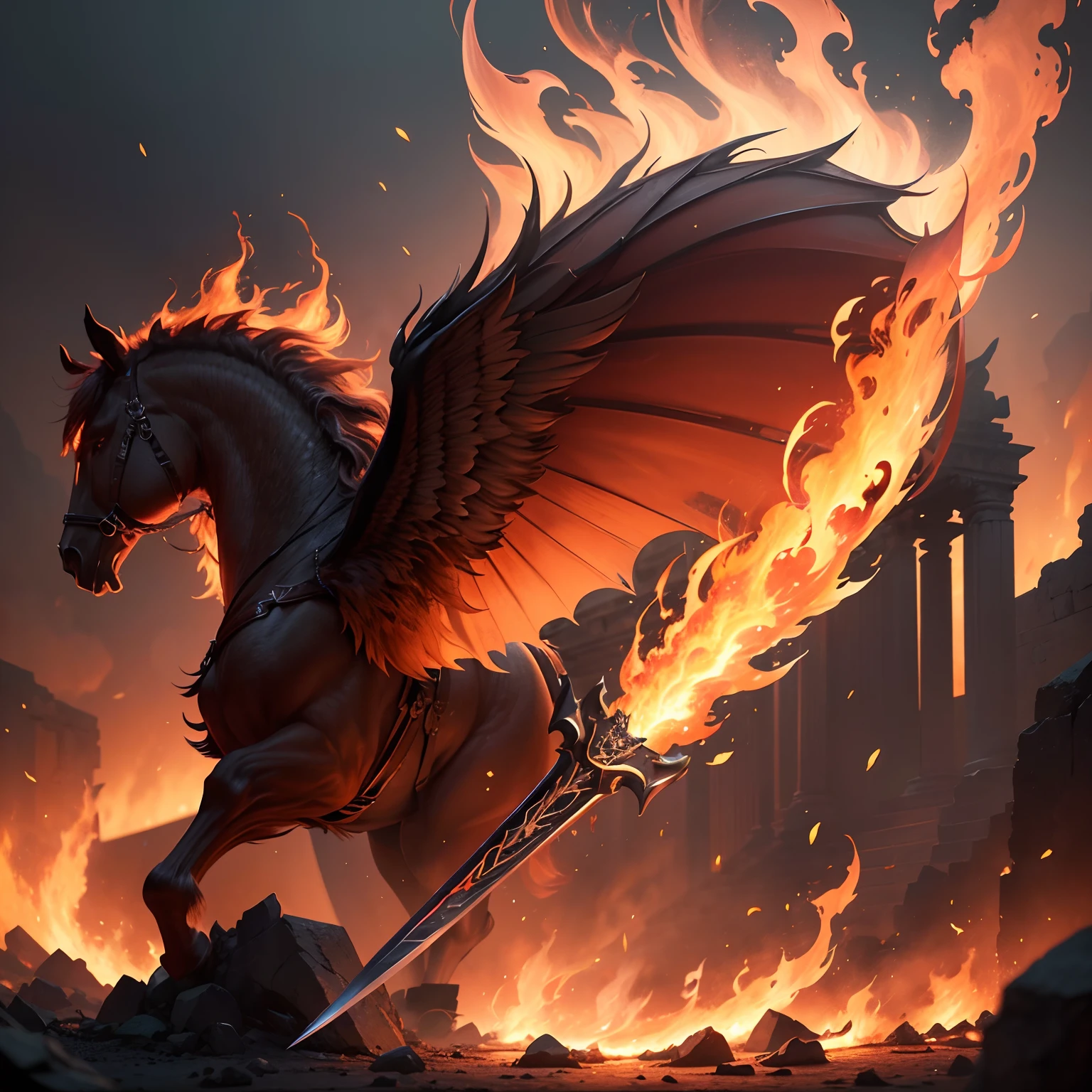 (best quality,4k,8k,highres,masterpiece:1.2),ultra-detailed,(realistic,photorealistic,photo-realistic:1.37),sword
fire spirits surrounding a sword
materials,glowing metal [sword],[fire],vibrant flames,shimmering blade
scene details,ancient ruins,sparks flying,embers dancing,smoke rising
artistic style,fantasy,mythical,dark aesthetic
color palette,warm tones,fiery reds,deep oranges,golden highlights
lighting,dramatic,backlighting,illuminating the flames
note：
To meet the length requirements，Reduce or streamline the number and content of labels as needed。
