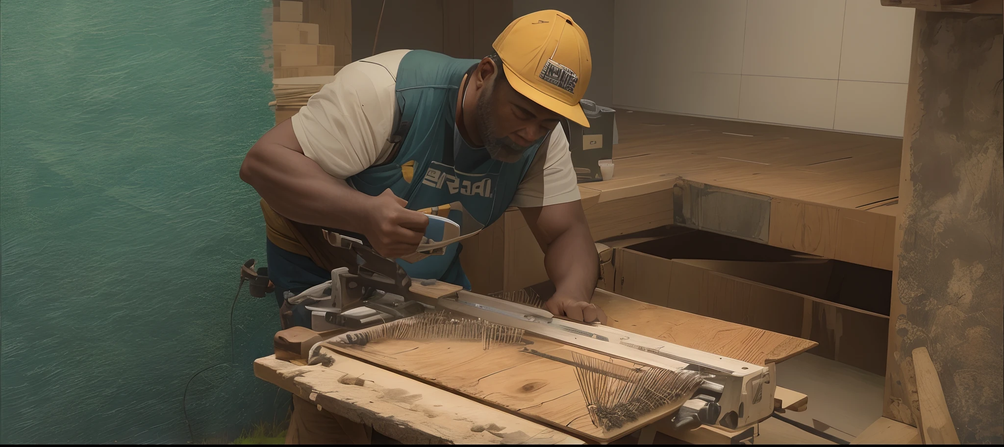 Arafed man using a saw to cut a piece of wood, construction, 2 0 2 2 foto, trabalho de linha fina, working hard, Directed by: William Berra, Panels, tending on art station, tredning on art station, Detalhe perfeito, Pessoas no Trabalho, trabalho profissional, Detalhe excepcional, muito consistente, Detalhe brilhante, Directed by: Joe Stefanelli, vivid attention to detail
