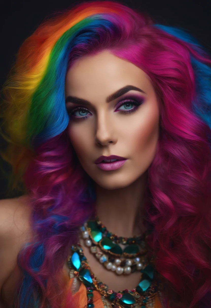 beautiful woman, magenta colored eyes, rainbow hair, styled clothing