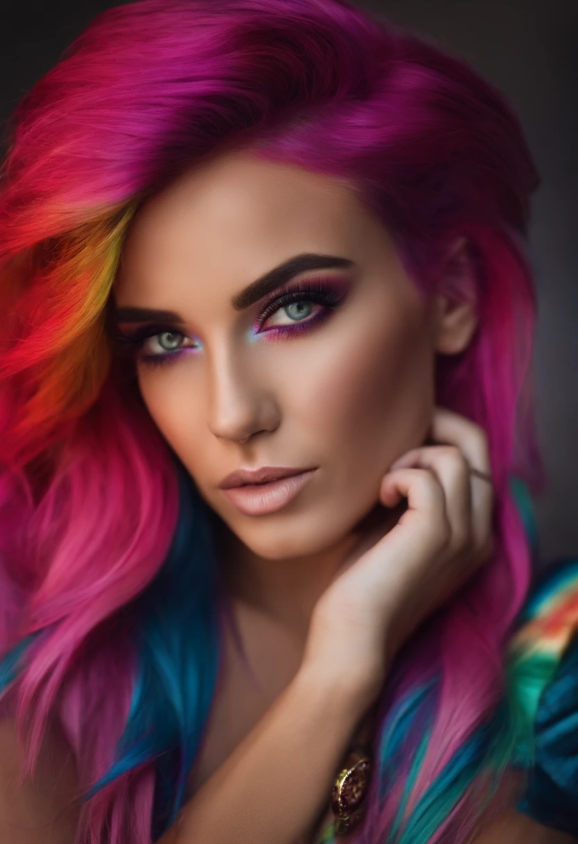 beautiful woman, magenta colored eyes, rainbow hair, styled clothing