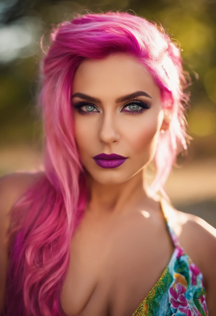 beautiful woman, magenta colored eyes, rainbow hair, styled clothing
