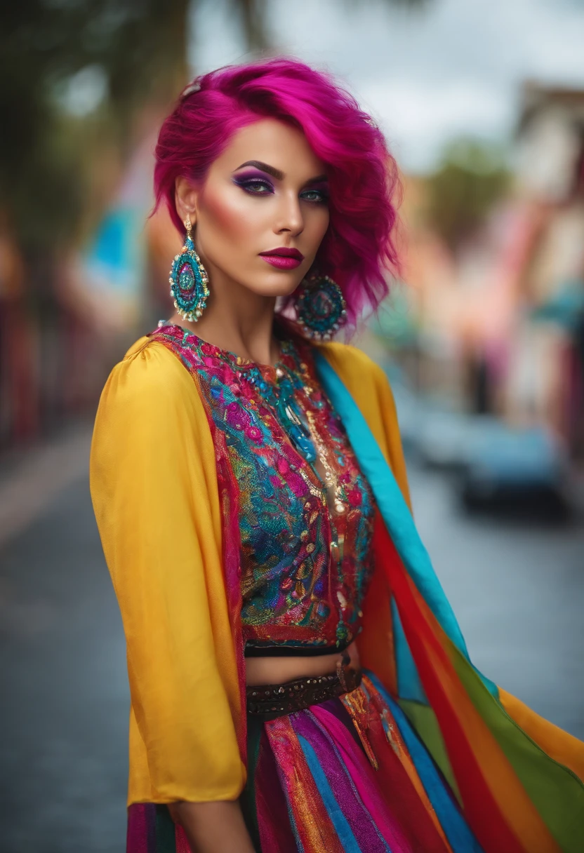 beautiful woman, magenta colored eyes, rainbow hair, styled clothing