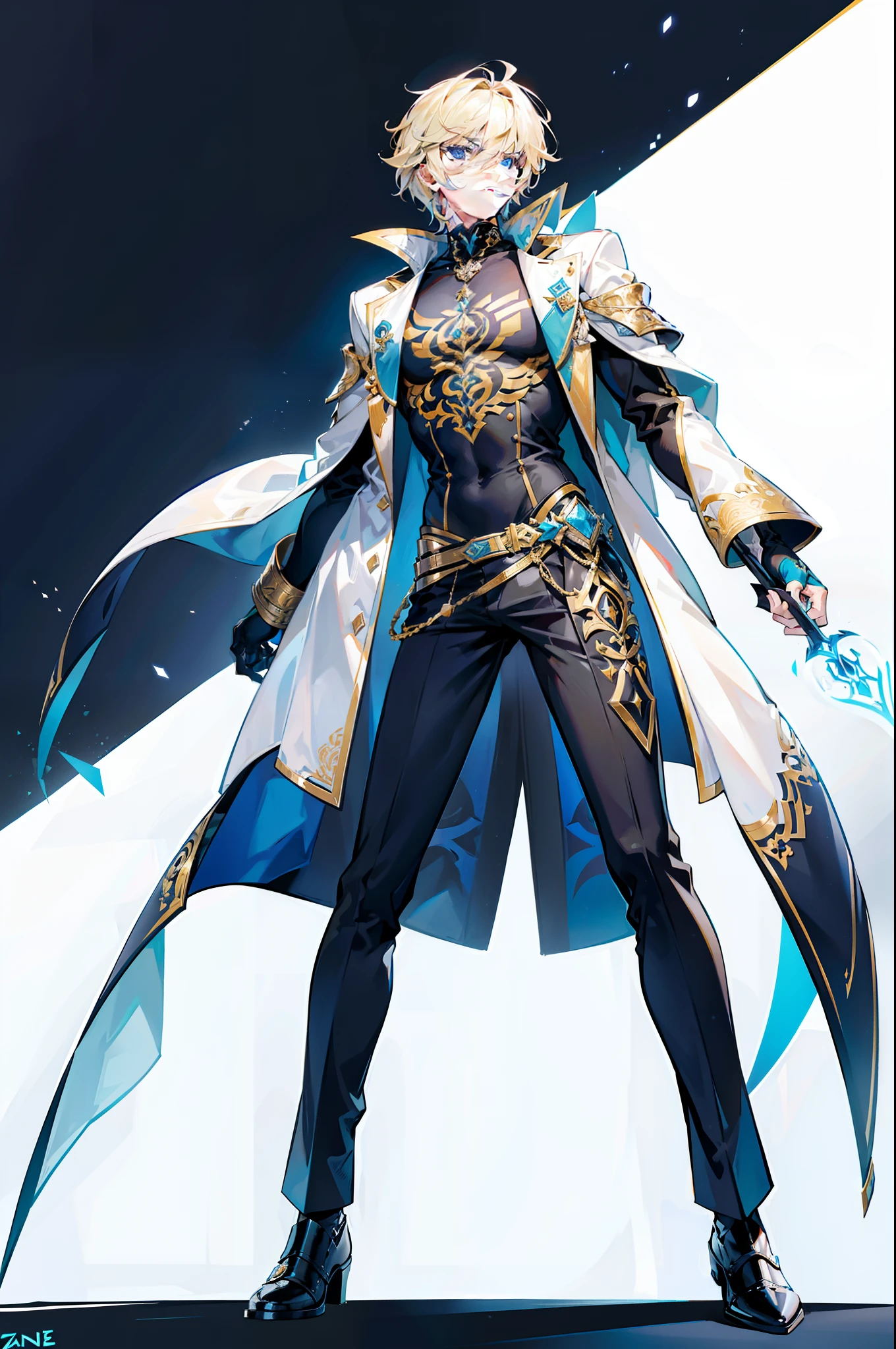 Zane Pharnx stands tall with an imposing yet athletic build, radiating an air of quiet strength. His fair skin accentuates his striking features, while his lustrous blue eyes possess a depth that hints at hidden complexities. His signature blonde hair is meticulously groomed, falling in a neat and stylish manner. Full  Body view. Zane's attire is both practical and stylish, reflecting his role as Emperor of Aegis.He prefers a comfortable yet refined look, often seen wearing a plain black t-shirt that complements his physique, paired with crisp white pants that offer a sense of contrast. His choice of footwear consists of sleek black shoes that add an element of sophistication. Over his t-shirt, Zane dons a long-sleeved white coat, its sleeves casually rolled up, giving him an approachable and laid-back appearance. The coat adds a touch of formality while maintaining a sense of practicality. Two belts adorned with ornate golden buckles adorn his waist, symbolizing his status as both a leader and a guardian. They hold in place an intricately designed blade, reflecting his connection to his royal lineage and his duty to protect his people.
