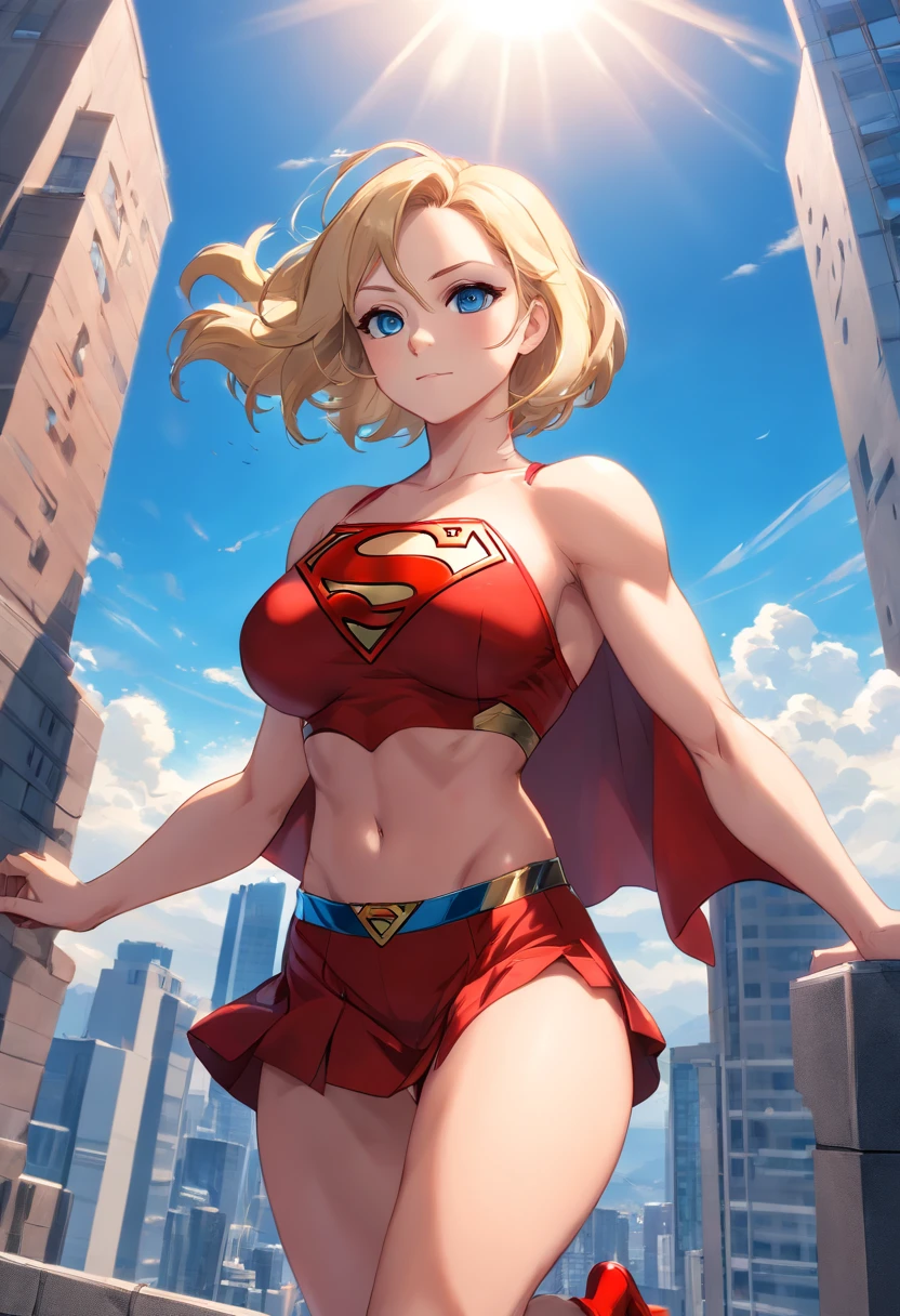 masterpiece, 8k, high quality, highly detailed, detailed face, HDR, vivid colors, natural lighting, Best Shadows, Shallow Depth of Field, Portrait of (Supergirl:1.1) standing on a rooftop, worried smile, youthful face, red skirt, red cape, red boots with heels, huge breasts, gigantic breasts, (Disproportional Tits: 1.4), clothes stretched by huge breasts, bodybuilder, muscles, huge biceps, Strong leg muscles ((body builder:1.5)), alluring blue eyes, blonde, (Superman symbol on chest:1.2), bare legs, open navel, blue sky, sunlight, clouds, sun, bloom,