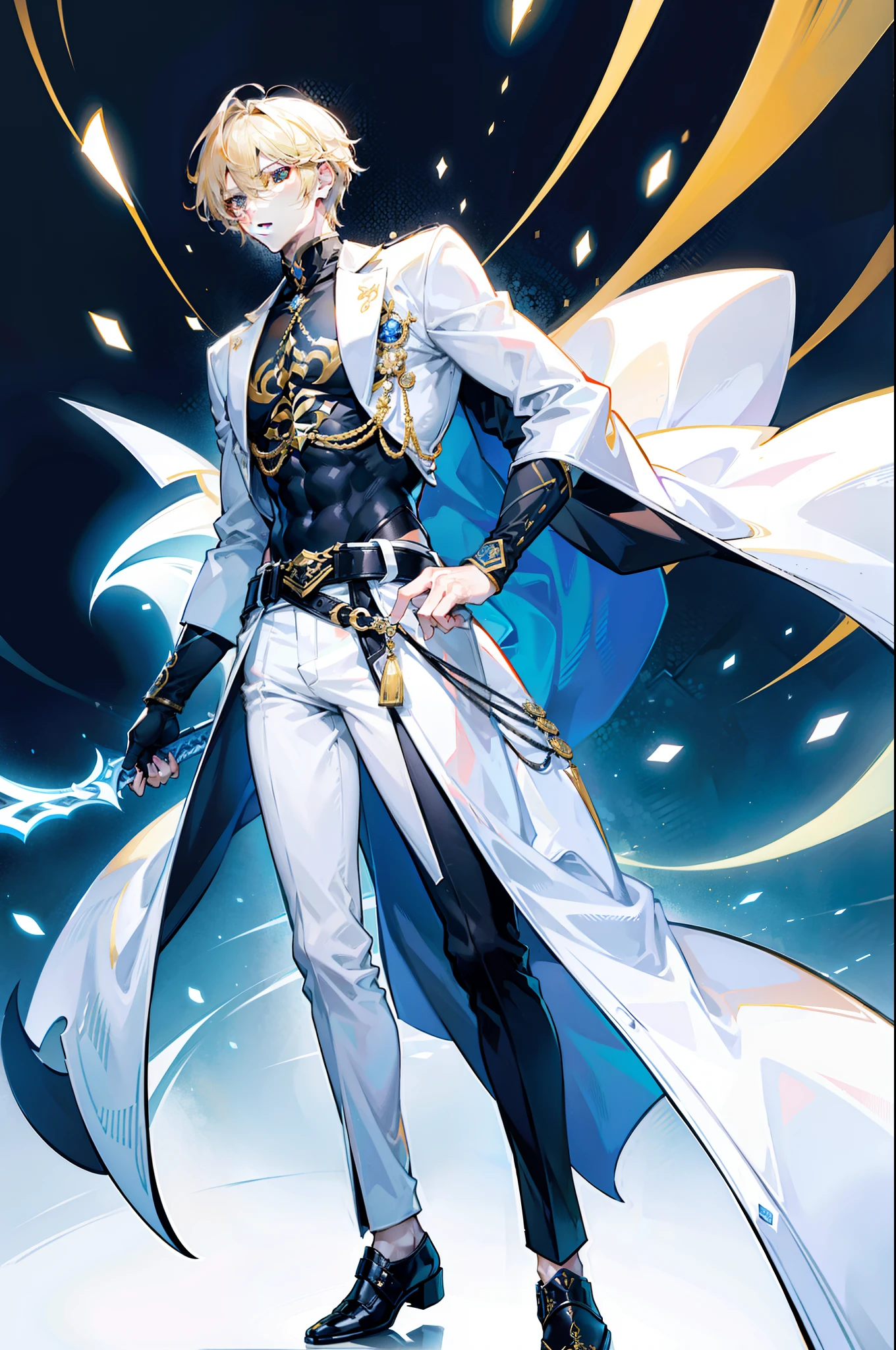 Zane Pharnx stands tall with an imposing yet athletic build, radiating an air of quiet strength. His fair skin accentuates his striking features, while his lustrous blue eyes possess a depth that hints at hidden complexities. His signature blonde hair is meticulously groomed, falling in a neat and stylish manner. Full Body view. Zane's attire is both practical and stylish, reflecting his role as Emperor of Aegis.He prefers a comfortable yet refined look, often seen wearing a plain black t-shirt that complements his physique, paired with crisp white pants that offer a sense of contrast. His choice of footwear consists of sleek black shoes that add an element of sophistication. Over his t-shirt, Zane dons a long-sleeved white coat, its sleeves casually rolled up, giving him an approachable and laid-back appearance. The coat adds a touch of formality while maintaining a sense of practicality. Two belts adorned with ornate golden buckles adorn his waist, symbolizing his status as both a leader and a guardian. They hold in place an intricately designed blade, reflecting his connection to his royal lineage and his duty to protect his people.