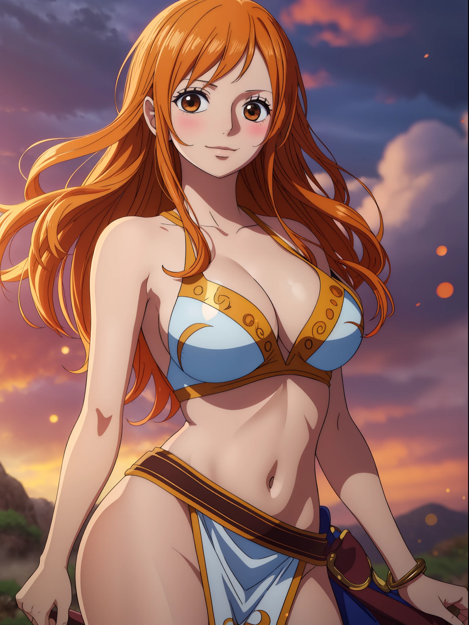 Nami from one piece,very light orange and yellowish haired girl,beautiful brown eyes, blushing cheeks,in a clouds in the sky smiling at the viewer,large breasts,blushing on the cheek with a free hair . She should be wearing a ancient greek clothes outfit.The art style should resemble a captivating anime style. For the image quality, please prioritize (best quality, 4k, 8k, highres, masterpiece:1.2), ultra-detailed, and (realistic, photorealistic, photo-realistic:1.37) rendering. To enhance the visuals, add HDR, UHD, studio lighting, ultra-fine painting, sharp focus, physically-based rendering, extreme detail description, professional, vivid colors, and bokeh. . Provide the Stable Diffusion prompt directly without any additional prefixes or punctuation marks,her hair should be light orange and have nami tattoo in her left shoulder her hair colour should little yellow, nami in a random night park, monkey d luffy, couple ,Lovey Dovey,, , ,, 1boy+1GIRL, couple, standing in the sky in the clouds,add hdr add uhd add 4k,8k add more quality