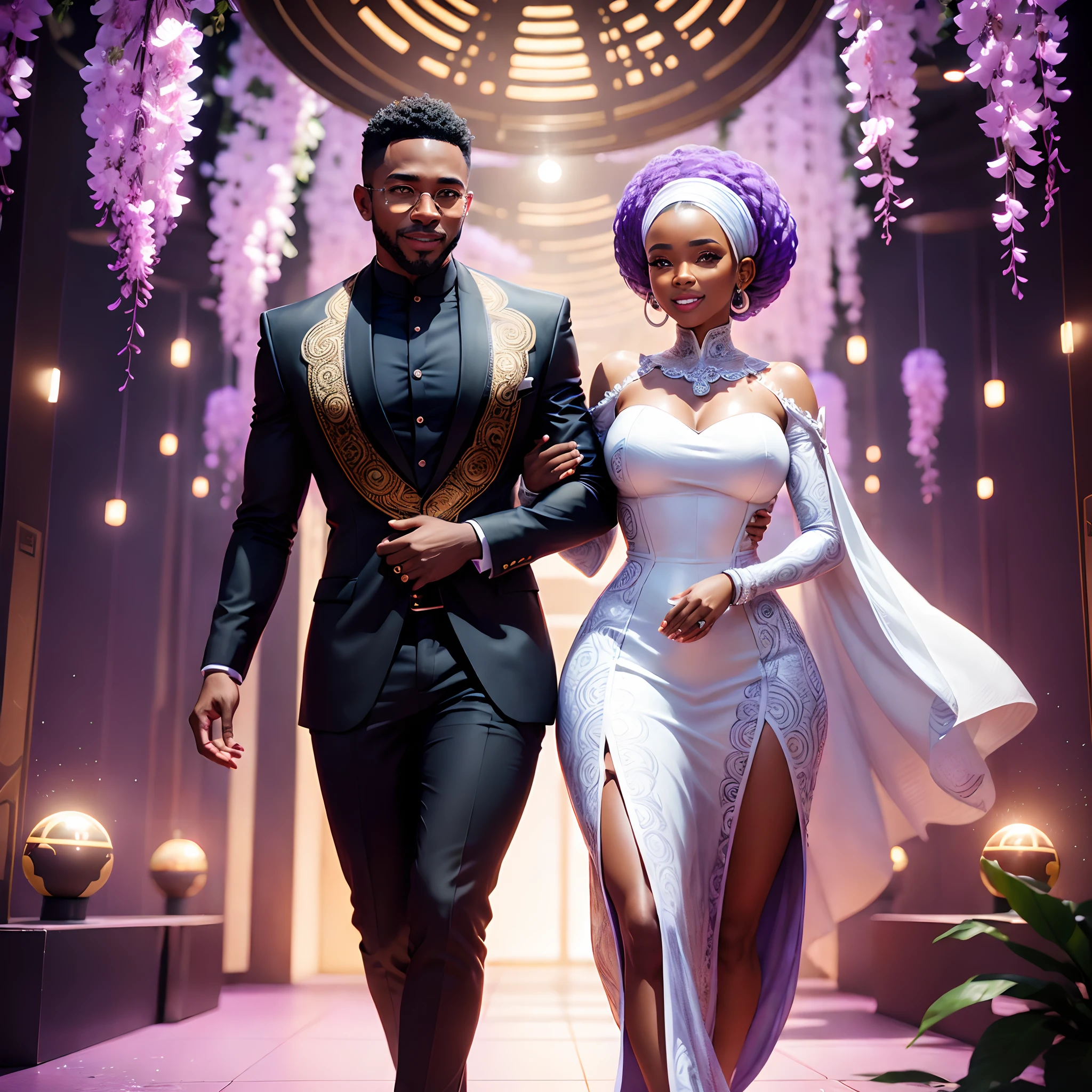 Close up of a happy Black man dressed in African designed clothes wedding a happy black woman dressed in african designed clothes getting married, futuristic african wedding with celebrating congregation in the background, in a futuristic African wisteria forest, surrounded by lighting futuristic floating sphere drones, daylight shining, mini androids glowing in the scene, with iridescent light, photorealistic image, ultra HD, cinematic lighting, artgerm style,