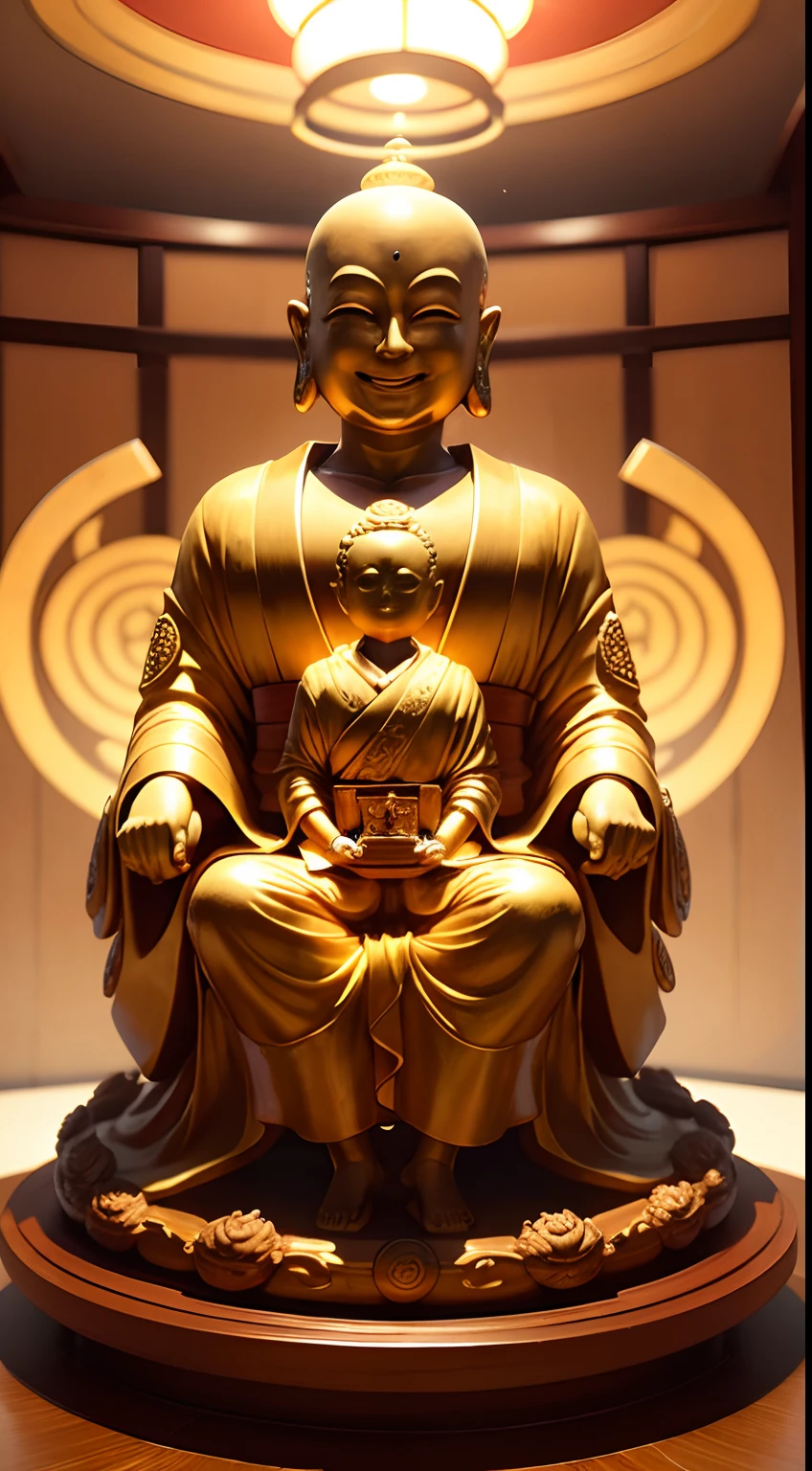 masutepiece, Best Quality, hight resolution,Fantastic,Upper body,1 old god men,bilaterally symmetrical,benzaiten,daikokuten,Buddhist statue sculpture, Bald, Smile, shining background,Halo,golden colors,Golden kimono,Japanese dress,Clothes,sacredness,Smiling face