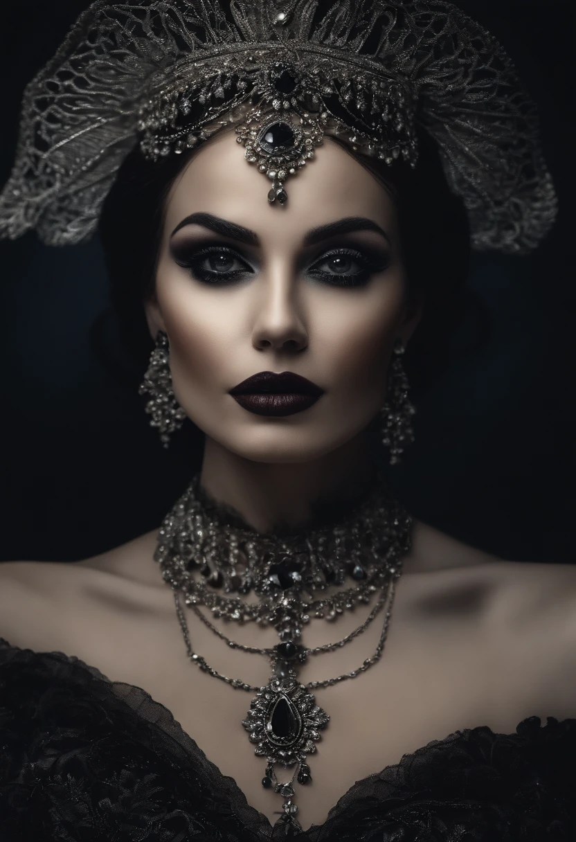 foto frontal de mulher dia dos mortos, maquiagem de caveira vestido longo preto. cabelo preto curto. estilo la muerte, dramatic, realista, desfoque de lente, Canon r5 50 mm, retrato profissional, dramatic and dark background