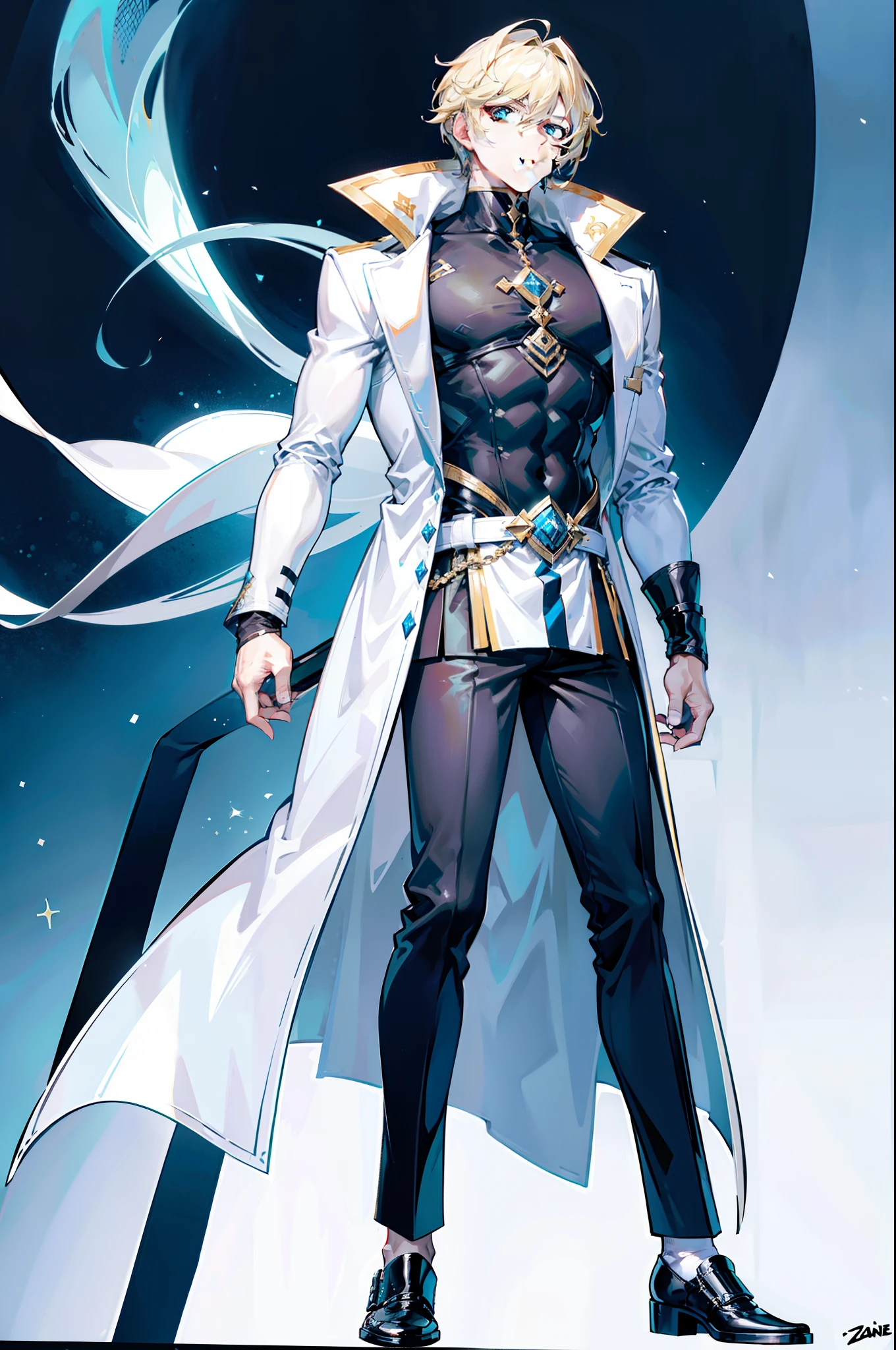 Zane Pharnx stands tall with an imposing yet athletic build, radiating an air of quiet strength. His fair skin accentuates his striking features, while his lustrous blue eyes possess a depth that hints at hidden complexities. His signature blonde hair is meticulously groomed, falling in a neat and stylish manner. Full  Body view. Zane's attire is both practical and stylish, reflecting his role as Emperor of Aegis.He prefers a comfortable yet refined look, often seen wearing a plain black t-shirt that complements his physique, paired with crisp white pants that offer a sense of contrast. His choice of footwear consists of sleek black shoes that add an element of sophistication. Over his t-shirt, Zane dons a long-sleeved white coat, its sleeves casually rolled up, giving him an approachable and laid-back appearance. The coat adds a touch of formality while maintaining a sense of practicality. Two belts adorned with ornate golden buckles adorn his waist, symbolizing his status as both a leader and a guardian. They hold in place an intricately designed blade, reflecting his connection to his royal lineage and his duty to protect his people.
