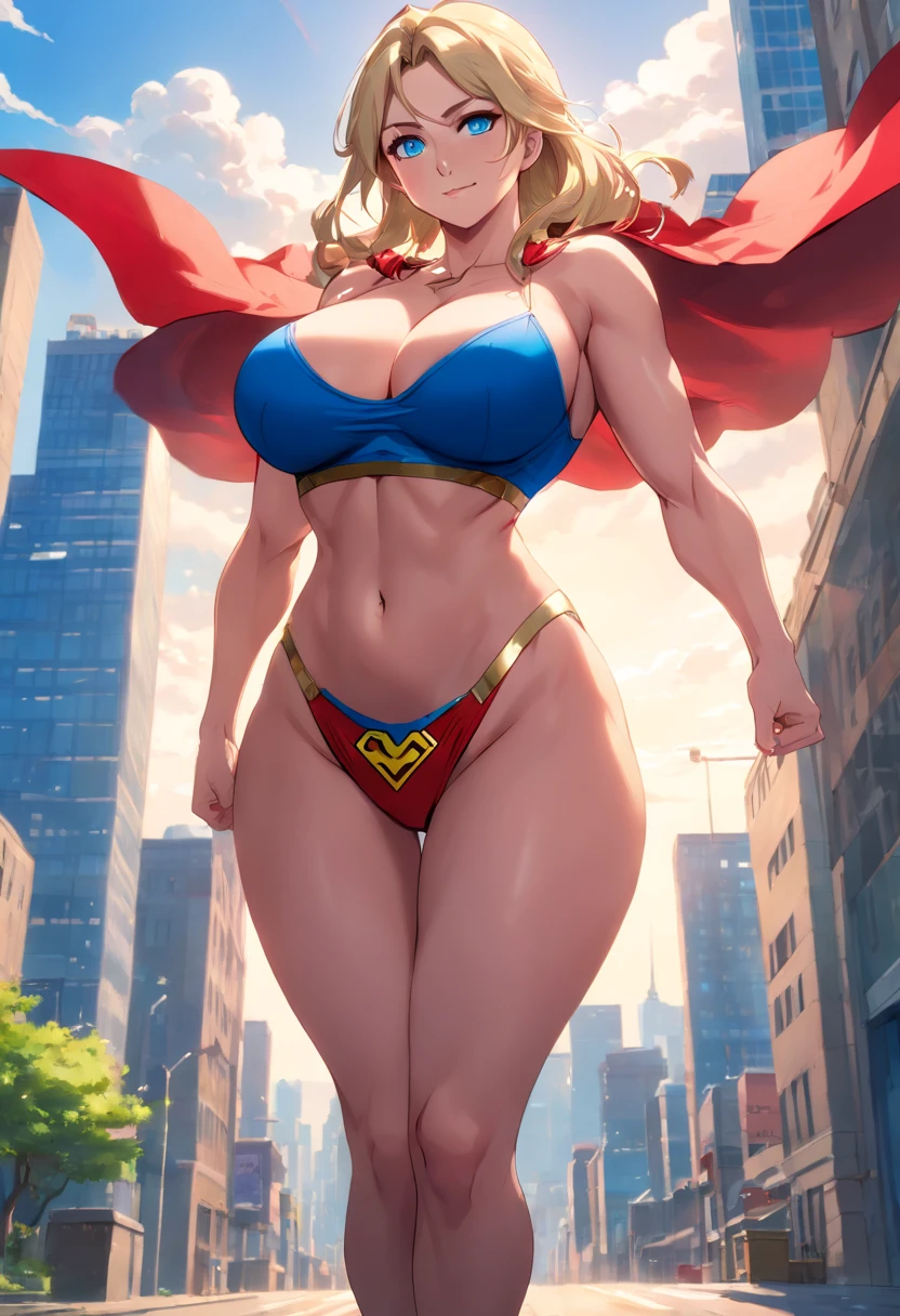 masterpiece, 8k, high quality, highly detailed, detailed face, HDR, vivid colors, natural lighting, Best Shadows, Shallow Depth of Field, Portrait of (Supergirl:1.1) standing on a rooftop, shy smile, youthful face, hands behind back, red skirt, red cape, red boots with heels, huge breasts, gigantic breasts, (1girl with Huge breasts:1.8), clothes stretched by huge breasts, underboob powerful muscular body, bodybuilder, gigantic muscles, huge biceps, strong shoulders, Strong leg muscles ((body builder:1.5)), alluring blue eyes, blonde, (Superman symbol on chest:1.2), bare legs, six pack abs, blue sky, sunlight, clouds, sun, bloom,