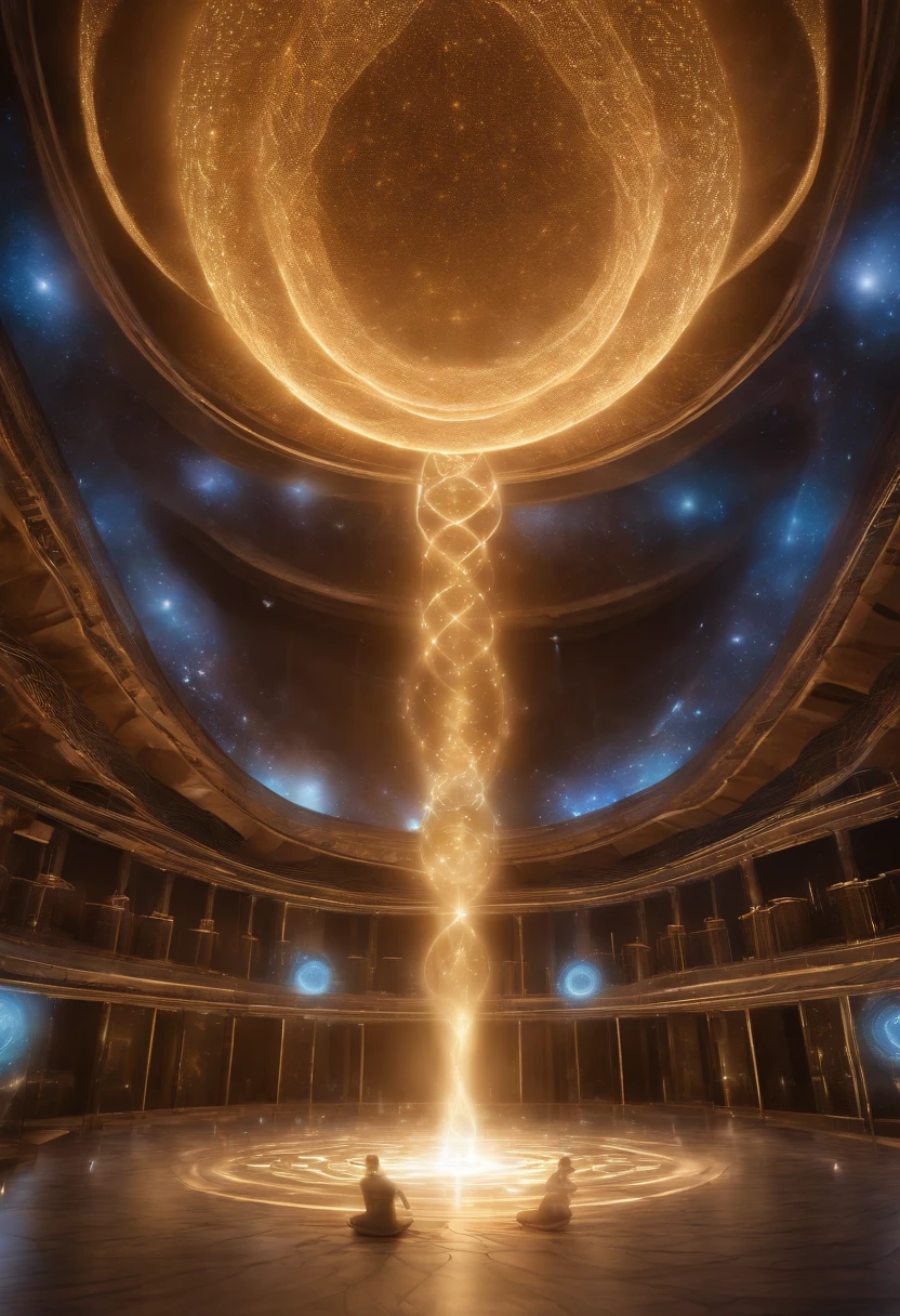 Vibrational Quantum Extraterrestrial Ship with Ethereal Sensual Waves and Cybernetic Codes Stands Out, emitting an ethereal glow. An aura of a man is inside the platform receiving energy only aura from that human , Cercado por uma aura de luz vibrante que representa seu campo de energia. Hertz bands dance through the air in complex shapes, while the cybernetic vibratory codes flow like rivers of light around the individual. The chakras are visible as spinning vortices of intense colors, each aligning perfectly with the vibratory frequencies. The holographic platform projects a cinematic hologram of the standing human figure, whose body is composed purely of light and energy. Dust particles float in the environment, vibrating in harmony with the waves of energy that permeate space. Strands of ethereal energy intertwine in the air, connecting to the central figure and radiating to the surrounding environment. A quality astral projection is rendered, allowing the individual to explore their own energy field in profoundly transformative ways. Enquanto isso, The platform functions as a cell regeneration room, offering a large genetic healing room where the fusion of extraterrestrial technology and human bioenergy triggers an innovative healing process. As humans connect with technology, State-of-the-art cybernetic implants integrate seamlessly, further enriching the experience. The surrounding environment is a crystal clear room, which amplifies vibrations and creates an atmosphere of transcendence. It's a mesmerizing vision of how technology and energy can come together to explore and enhance the capabilities of the human body and mind, in tune with the vibratory forces of the universe.