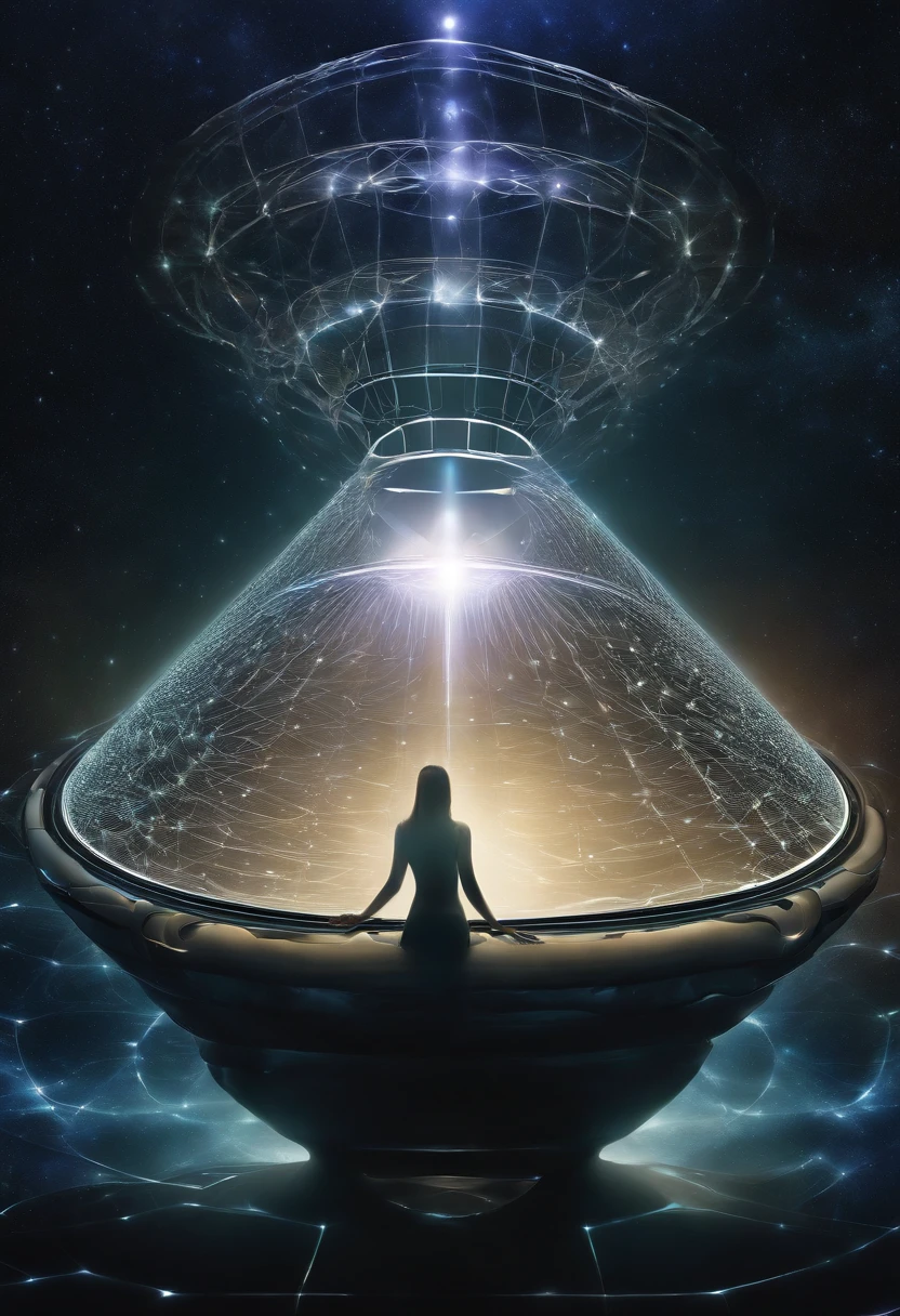Vibrational Quantum Extraterrestrial Ship with Ethereal Sensual Waves and Cybernetic Codes Stands Out, emitting an ethereal glow. An aura of a man is inside the platform receiving energy only aura from that human , Cercado por uma aura de luz vibrante que representa seu campo de energia. Hertz bands dance through the air in complex shapes, while the cybernetic vibratory codes flow like rivers of light around the individual. The chakras are visible as spinning vortices of intense colors, each aligning perfectly with the vibratory frequencies. The holographic platform projects a cinematic hologram of the standing human figure, whose body is composed purely of light and energy. Dust particles float in the environment, vibrating in harmony with the waves of energy that permeate space. Strands of ethereal energy intertwine in the air, connecting to the central figure and radiating to the surrounding environment. A quality astral projection is rendered, allowing the individual to explore their own energy field in profoundly transformative ways. Enquanto isso, The platform functions as a cell regeneration room, offering a large genetic healing room where the fusion of extraterrestrial technology and human bioenergy triggers an innovative healing process. As humans connect with technology, State-of-the-art cybernetic implants integrate seamlessly, further enriching the experience. The surrounding environment is a crystal clear room, which amplifies vibrations and creates an atmosphere of transcendence. It's a mesmerizing vision of how technology and energy can come together to explore and enhance the capabilities of the human body and mind, in tune with the vibratory forces of the universe.