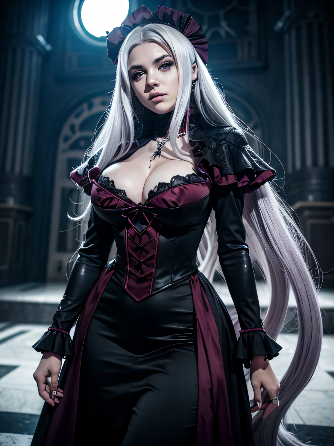**Shalltear Bloodfallen**³. She is a true vampire and the Guardian of the Floor from the first to the third floor of the Great Tomb of Nazarick².
Shalltear has the appearance of a pale-skinned young girl, cabelos loiros platinados e olhos vermelhos. She wears a white gothic dress with red and black accents, que destaca suas curvas e seios volumosos. She also wears a tiara with a red jewel, brincos de argola, a necklace with a heart pendant, bracelets and rings. Ela tem duas presas afiadas que podem ser vistas quando ela sorri ou ri. Ela carrega um cajado negro com uma esfera vermelha na ponta, which is your main weapon².
Shalltear has a very flirty personality and is open with her sexual preferences, muitas vezes para o desconforto de seus colegas, incluindo seu mestre Ainz. She is in love with Ainz and vies for his attention with Albedo, the Overseer of the Guardians. She also likes blood and fresh meat, and has a tendency to torture its victims before killing them. )))A perfect and definitive idol that captivates everyone,olhos brilhantes super detalhados sem defeitos, lugar sombrio e misterioso. Realista Overlord Anime Setting, Dramatic and sinister nighttime ambient lighting giving an air of suspense and horror movie, Olhar ganancioso convidando um homem、cabelos intrincados、9Perfect head and body figure、Linha de Corpo Perfeita、 Figura fina、Enfatizar a clivagem、Tiroteio RAW、photorealistic cinematic render、hyperrealistic rendering、foto retrato、night time render、Fotos gerais coesas、texturas de pele realistas、alta qualidade、alto detalhado、mais alta qualidade、alta resolubilidade、HDR 8K、Rastreamento de raio、canon, NSFW