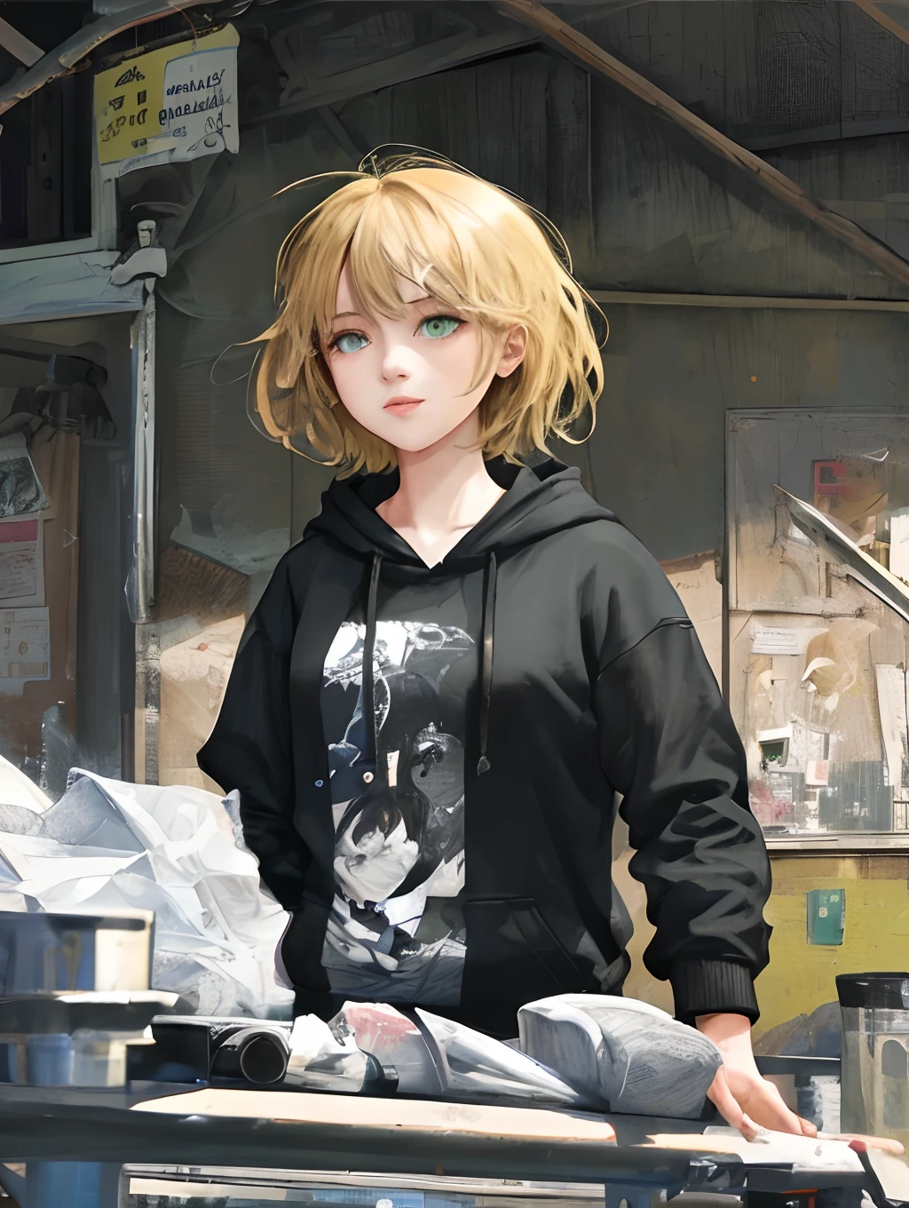 Girl with short blonde hair, green eyes, black hoodie