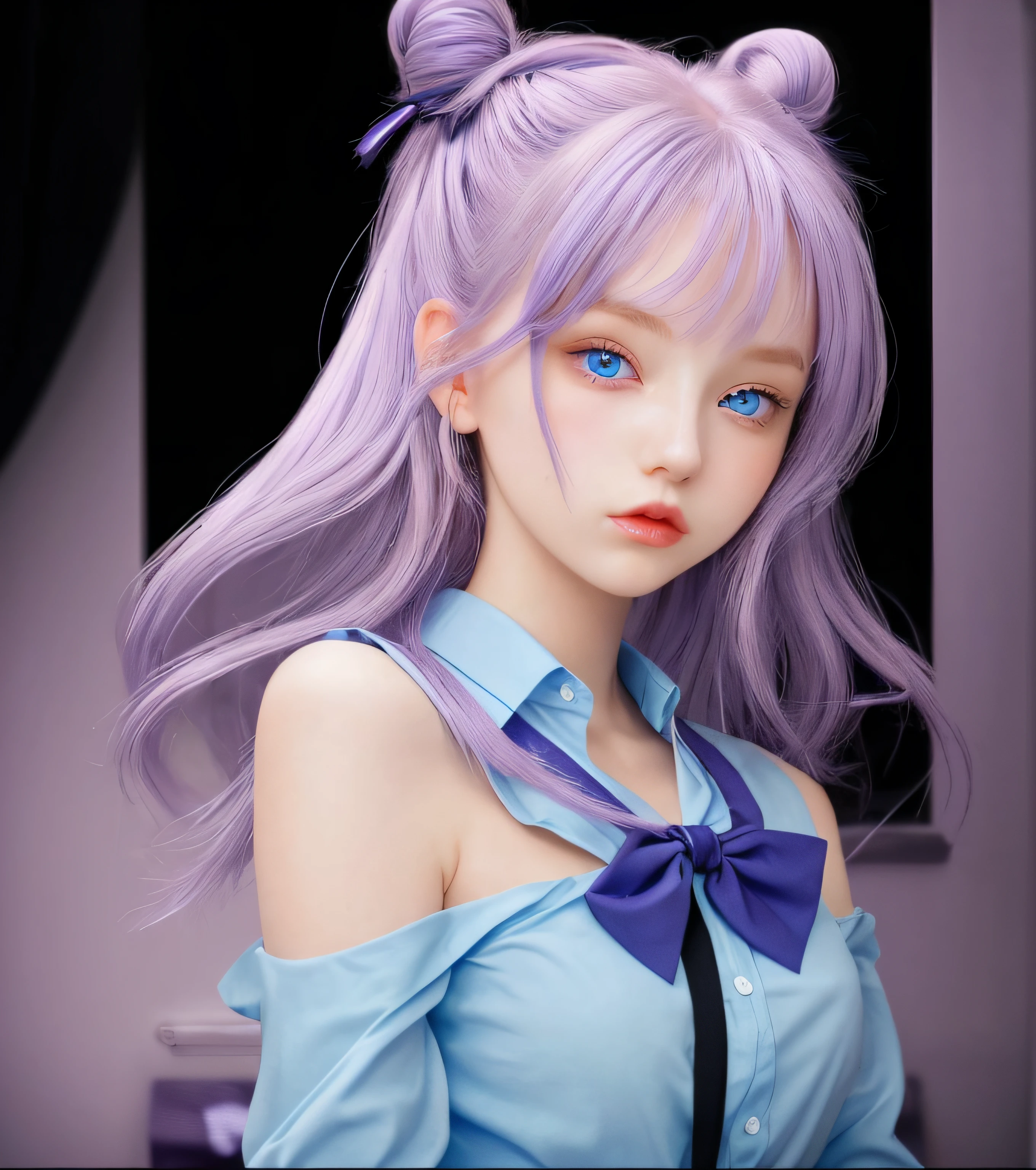 1girl, purple hair 2 buns, blue eyes, light blue shirt, dark blue bow, beautiful