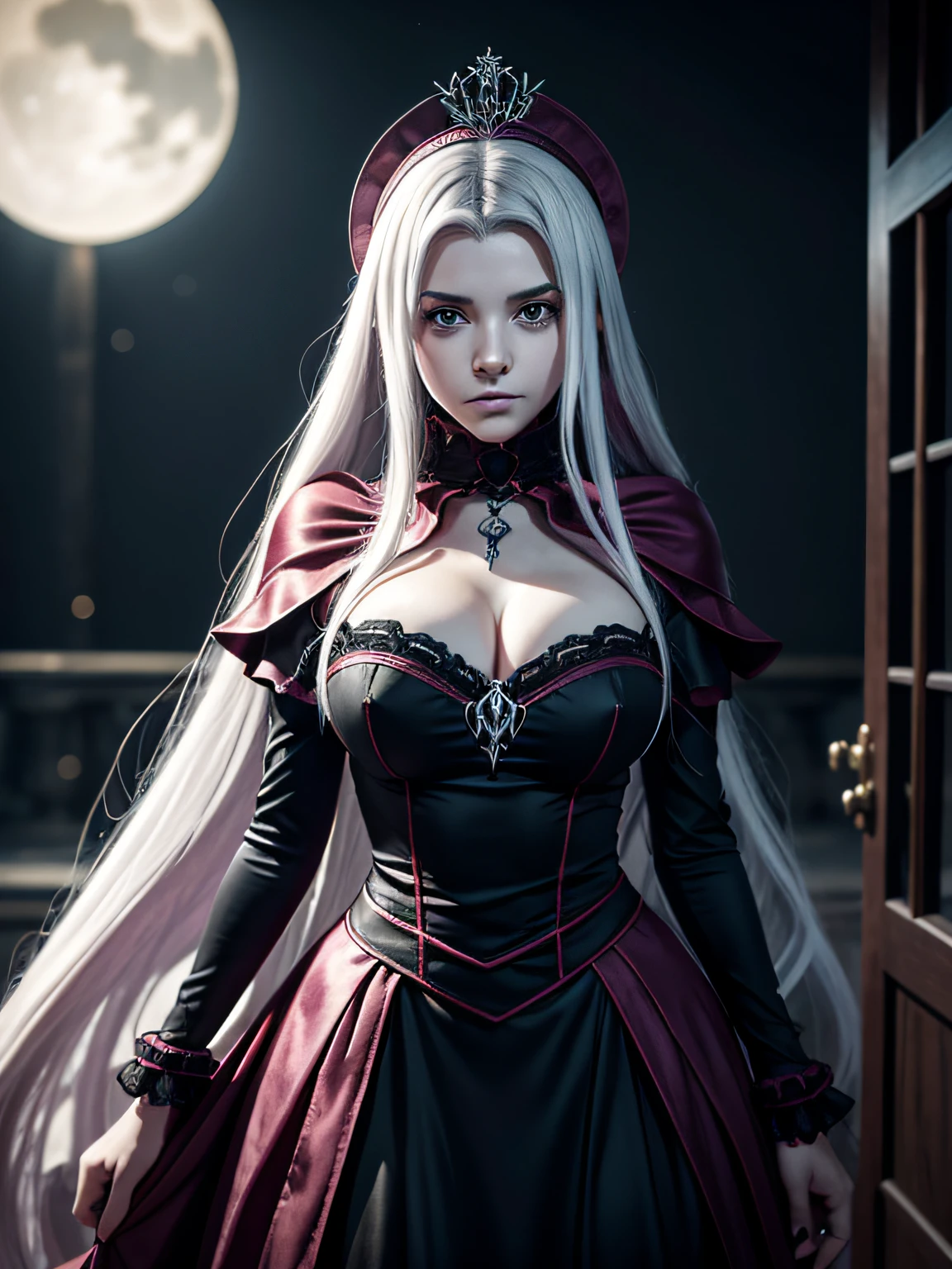 **Shalltear Bloodfallen**³. She is a true vampire and the Guardian of the Floor from the first to the third floor of the Great Tomb of Nazarick². 

Shalltear has the appearance of a pale-skinned young girl, cabelos loiros platinados e olhos vermelhos. She wears a white gothic dress with red and black accents, que destaca suas curvas e seios volumosos. She also wears a tiara with a red jewel, brincos de argola, a necklace with a heart pendant, bracelets and rings. Ela tem duas presas afiadas que podem ser vistas quando ela sorri ou ri. Ela carrega um cajado negro com uma esfera vermelha na ponta, which is your main weapon².

Shalltear has a very flirty personality and is open with her sexual preferences, muitas vezes para o desconforto de seus colegas, incluindo seu mestre Ainz. She is in love with Ainz and vies for his attention with Albedo, the Overseer of the Guardians. She also likes blood and fresh meat, and has a tendency to torture its victims before killing them. )))A perfect and definitive idol that captivates everyone,olhos brilhantes super detalhados sem defeitos, lugar sombrio e misterioso. Realista Overlord Anime Setting, Dramatic and sinister nighttime ambient lighting giving an air of suspense and horror movie, Olhar ganancioso convidando um homem、cabelos intrincados、９Perfect head and body figure、Linha de Corpo Perfeita、 Figura fina、Enfatizar a clivagem、Tiroteio RAW、photorealistic cinematic render、hyperrealistic rendering、foto retrato、night time render、Fotos gerais coesas、texturas de pele realistas、alta qualidade、alto detalhado、mais alta qualidade、alta resolubilidade、HDR 8K、Rastreamento de raio、canon, NSFW
