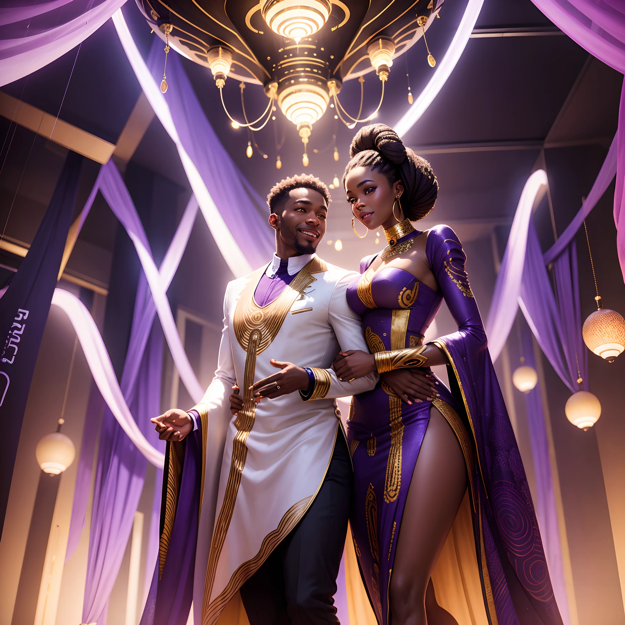 Close up of a happy Black man dressed in African designed clothes wedding a happy black woman dressed in african designed clothes getting married, futuristic african wedding with celebrating congregation in the background, in a futuristic African wisteria forest, surrounded by lighting futuristic floating sphere drones, daylight shining, mini androids glowing in the scene, with iridescent light, photorealistic image, ultra HD, cinematic lighting, artgerm style,