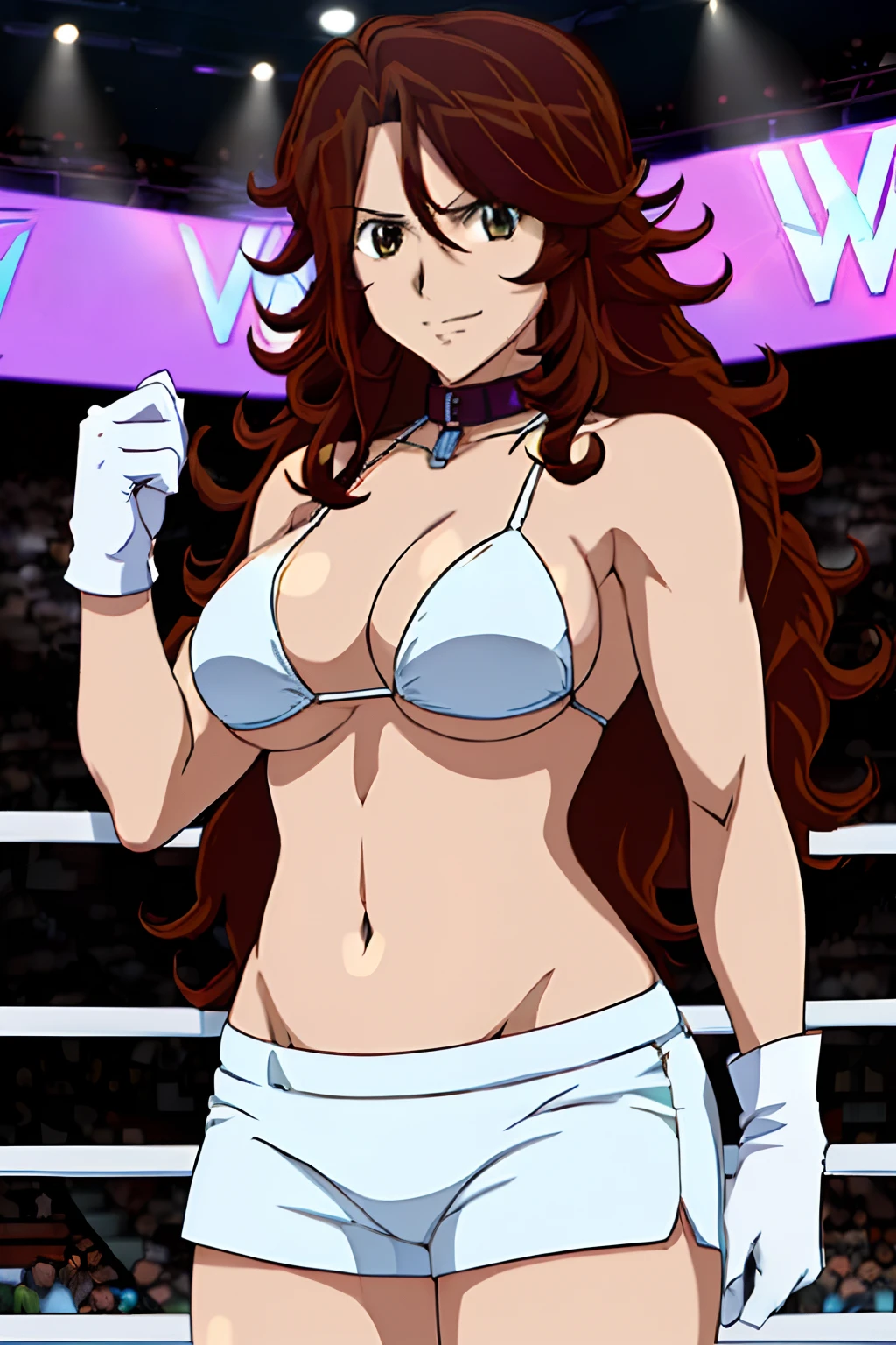(wwe diva), cowboy shot, body view, anime style: 1.8, anime drawing, ultra detailed face, ultra detailed body, 4k, Sumergai Lee Noriega, (standing), best quality, anime style, hires, highest definition, digital blending, bold drawing lines, ((wwe diva), (location: wrestling arena, crowds watching), ( slim body, little biceps, thighs, off-shoulders, (curvy: 2.8)), ((white bikini, shorts, groin, , white gloves, collar)), victorious, winner, confident, (big breasts, smirking), (big eyes, brown eyes), (clapping), (brown hair, loose hair, curly hair, wavy hair, long hair, missy hair), 27 years old, (flexing both arms)