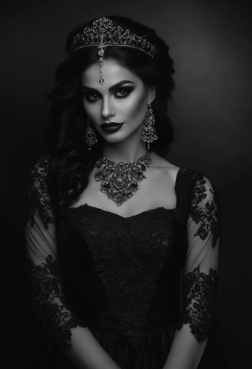 foto frontal de mulher dia dos mortos, maquiagem de caveira vestido longo preto. cabelo preto curto. estilo la muerte, dramatic, realista, desfoque de lente, Canon r5 50 mm, retrato profissional, dramatic and dark background