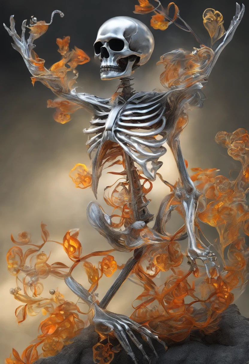 Silver Shiny Skeleton, tendrils oozing from it that are silver with orange and yellow tips, graceful curves, Ring of Truth, best quality, masterpiece