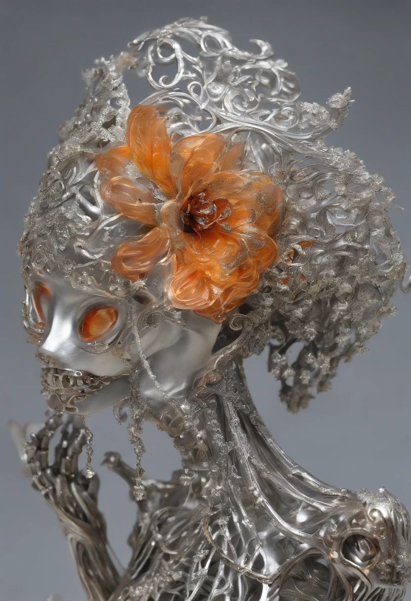 Silver Shiny Skeleton, tendrils oozing from it that are silver with orange and yellow tips, graceful curves, Ring of Truth, best quality, masterpiece