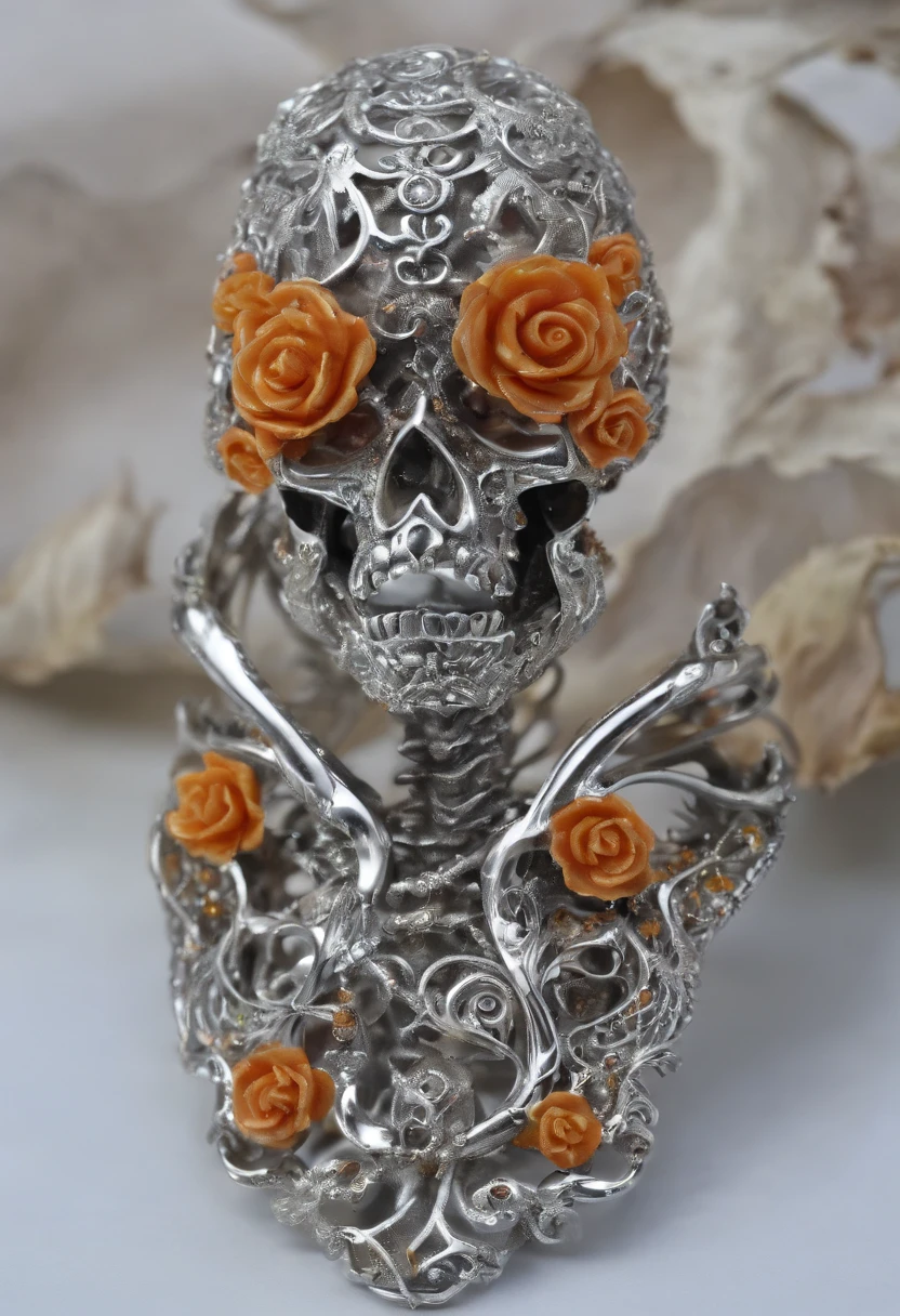 Silver Shiny Skeleton, tendrils oozing from it that are silver with orange and yellow tips, graceful curves, Ring of Truth, best quality, masterpiece