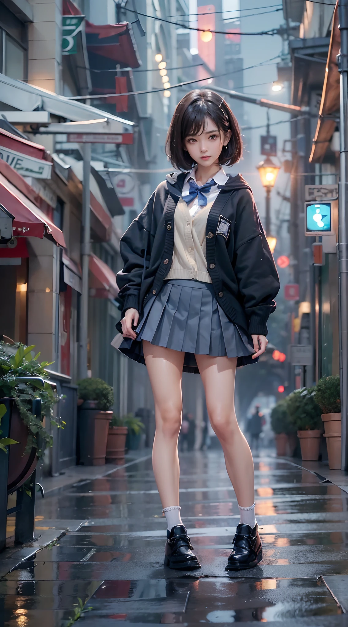 (((Lift the edge of the skirt with your hand:1.3))), (((skirt rift:1.3))), (((lift skirt myself:1.3))), ((panties focus)), ((shool uniform)), ((Cardigan)), ((a miniskirt)), Modern old cityscape,  (The FW), 1womanl, Solo, 24 year old, 7headed body, (cute  face), (Ideal ratio body proportions), (Composition from head to thigh), Smiling smile, erectile nipple, Sexy body, Wet, short-hair, Dark hair, small tits, A slender, Small buttocks, beauty legs, Skinny Legs, surrealism, Cinematic lighting, depth of fields, One-person viewpoint, F/1.8, 135 mm, nffsw, masutepiece, ccurate, ((Anatomically correct)), Textured skin, Super Detail, high details, High quality, awardwinning, Best Quality, hight resolution, 8K