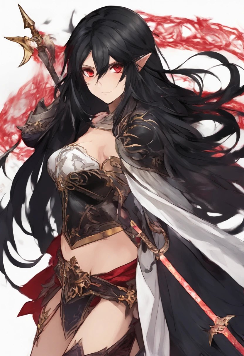 Girl, black long hair, red eyes, medium breasts, black armor, black cape, black giant darkness sword