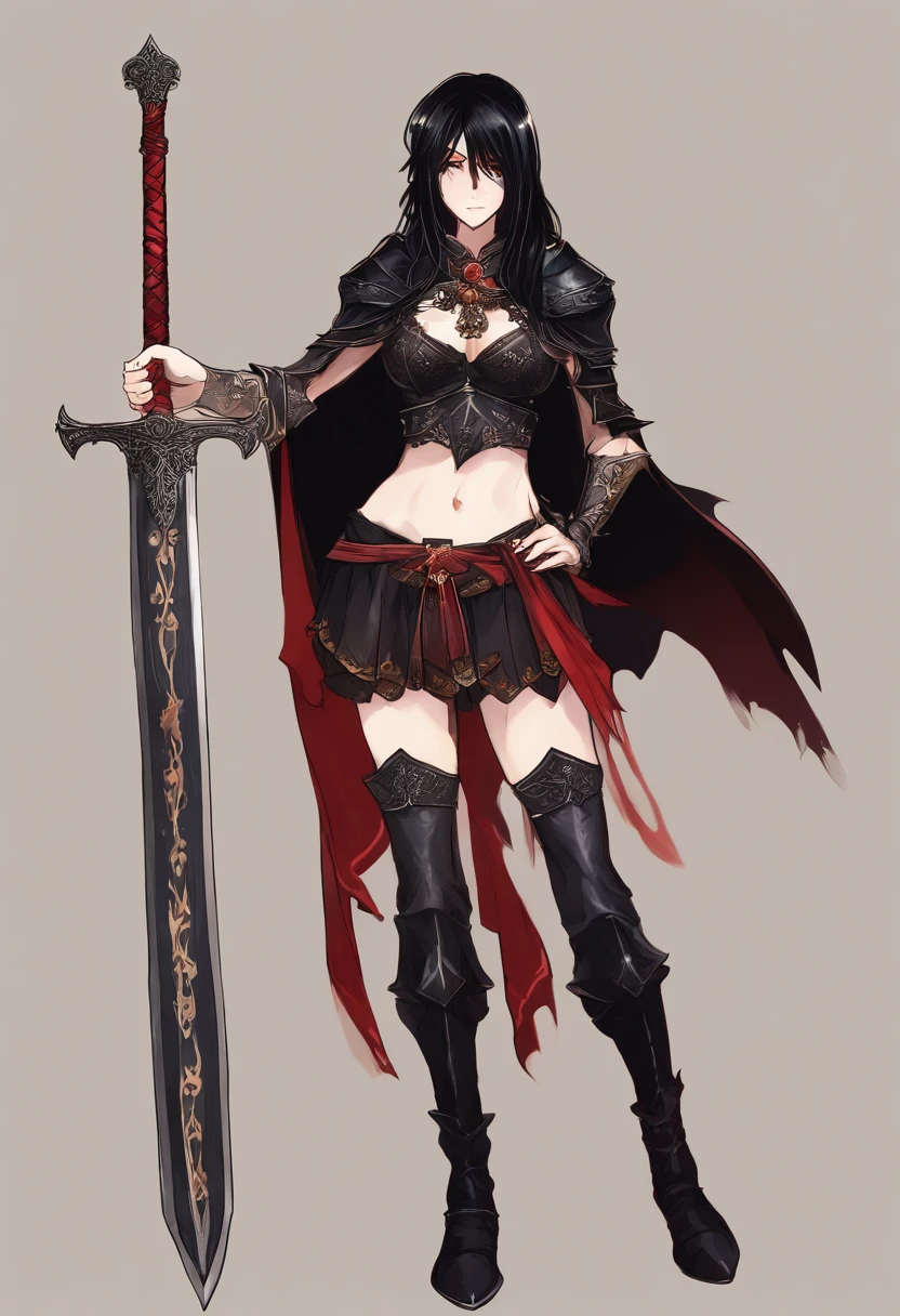 Girl, black long hair, red eyes, medium breasts, black armor, black cape, black giant darkness sword