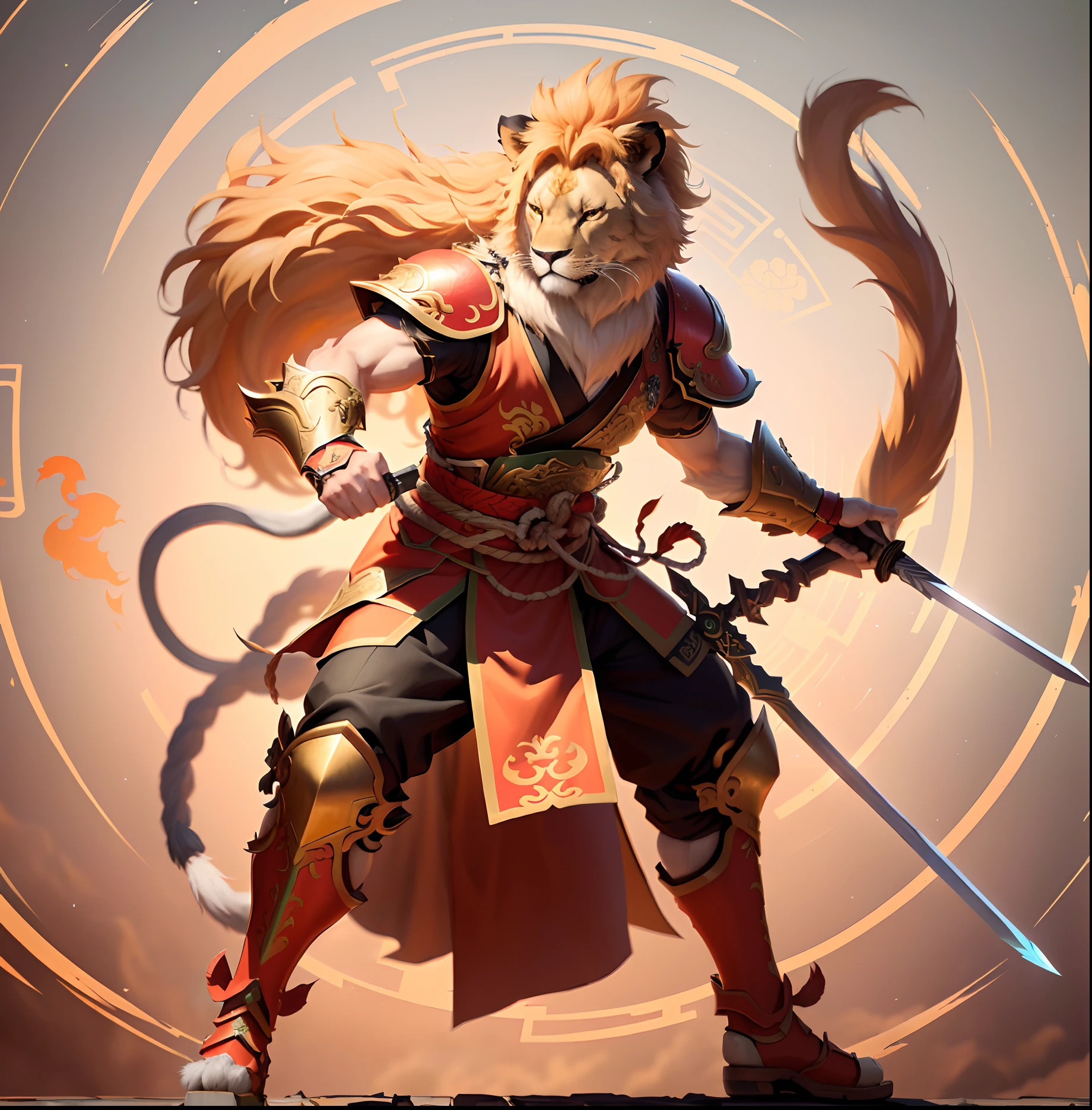 there is a picture of a lion with a sword and green  armor, lion warrior, wukong, cat warrior, akira from chinese mythology, zhongli from genshin impact, onmyoji detailed art, badass anime 8 k, g liulian art style, keqing from genshin. green armour